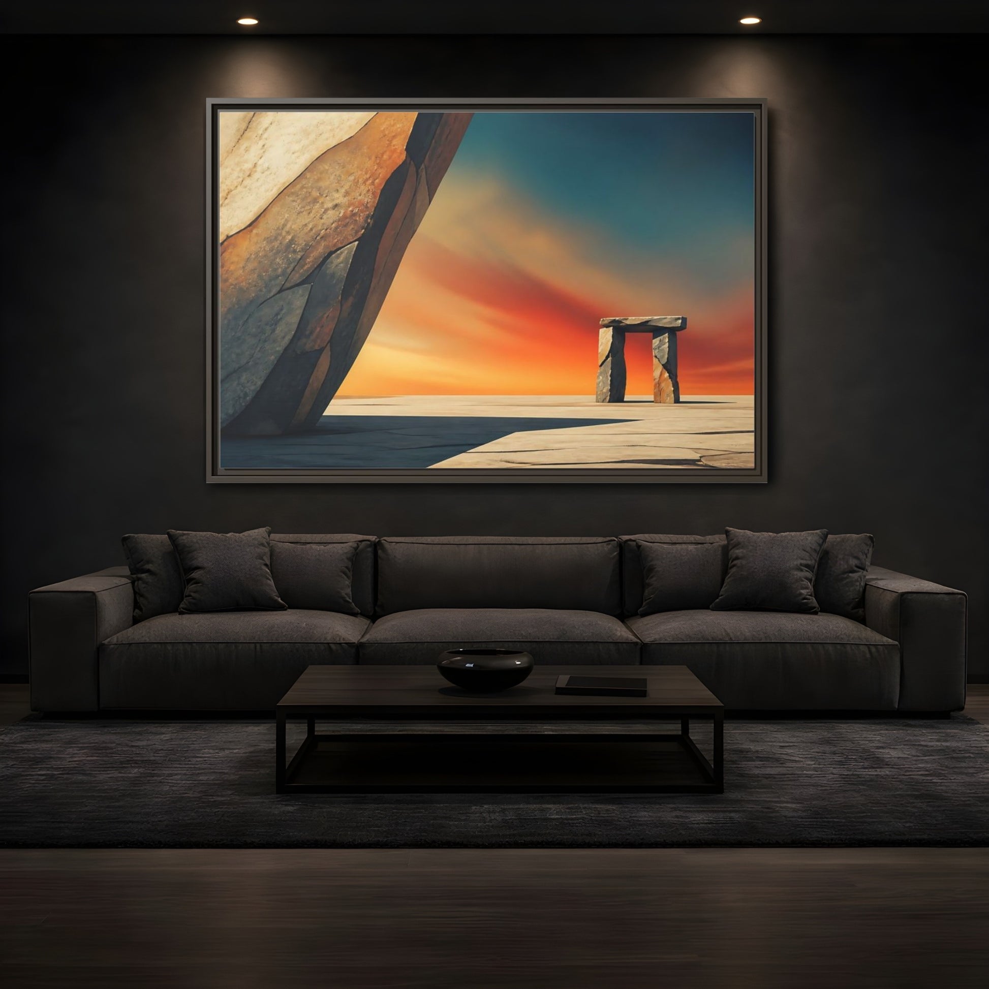 Mockup 3. Sunset Stone Portal shown as framed canvas print
