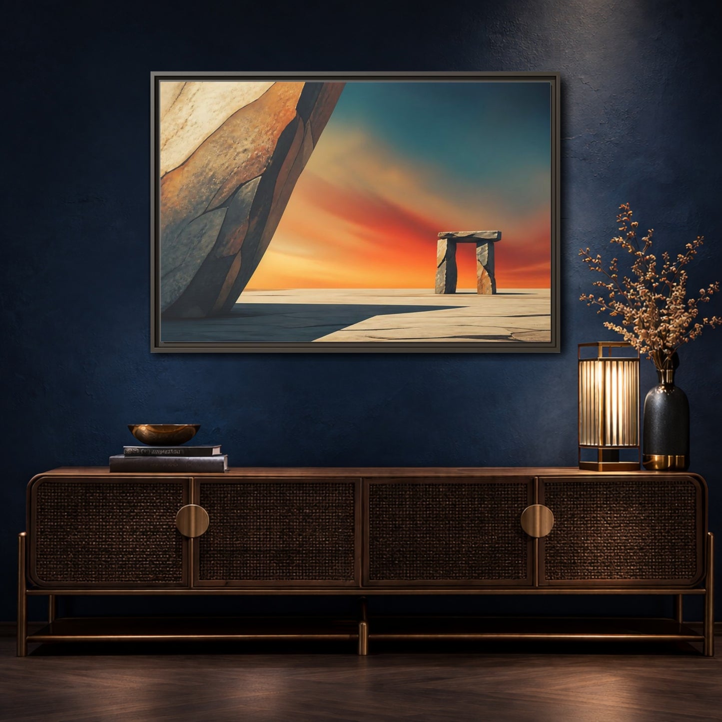 Mockup 4. Sunset Stone Portal shown as framed canvas print