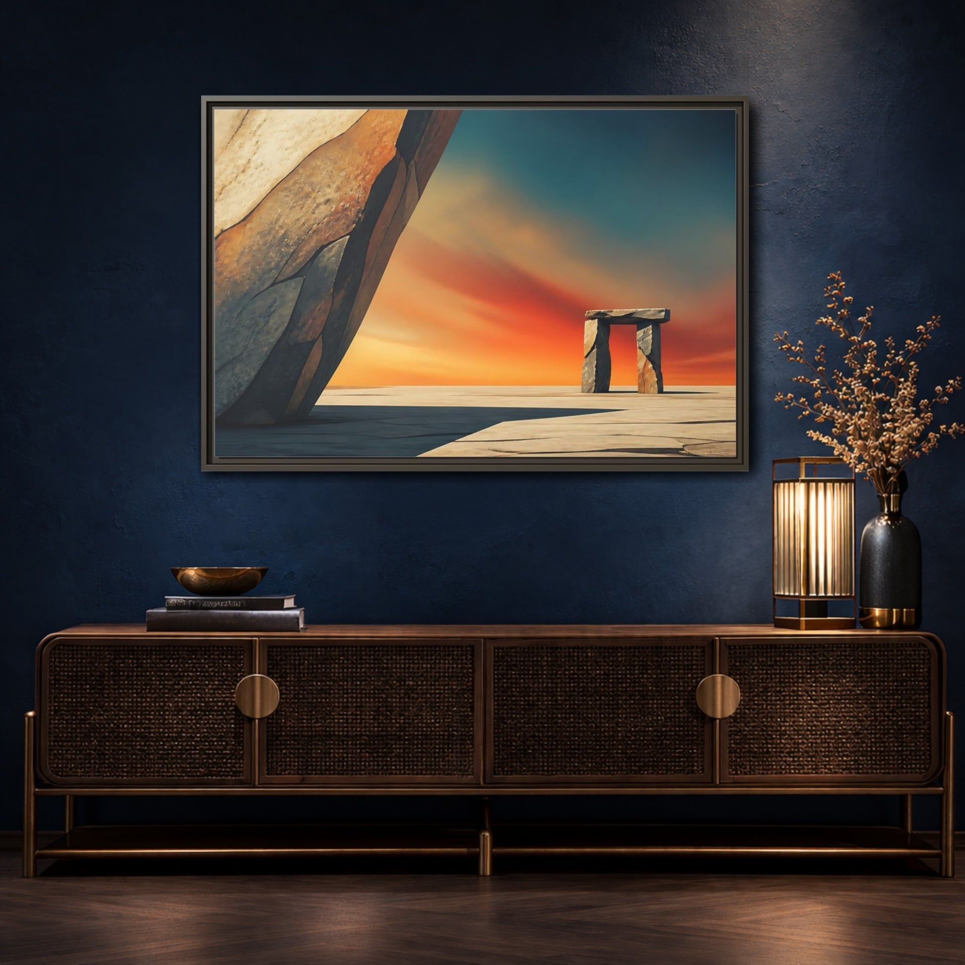 Mockup 4. Sunset Stone Portal shown as framed canvas print