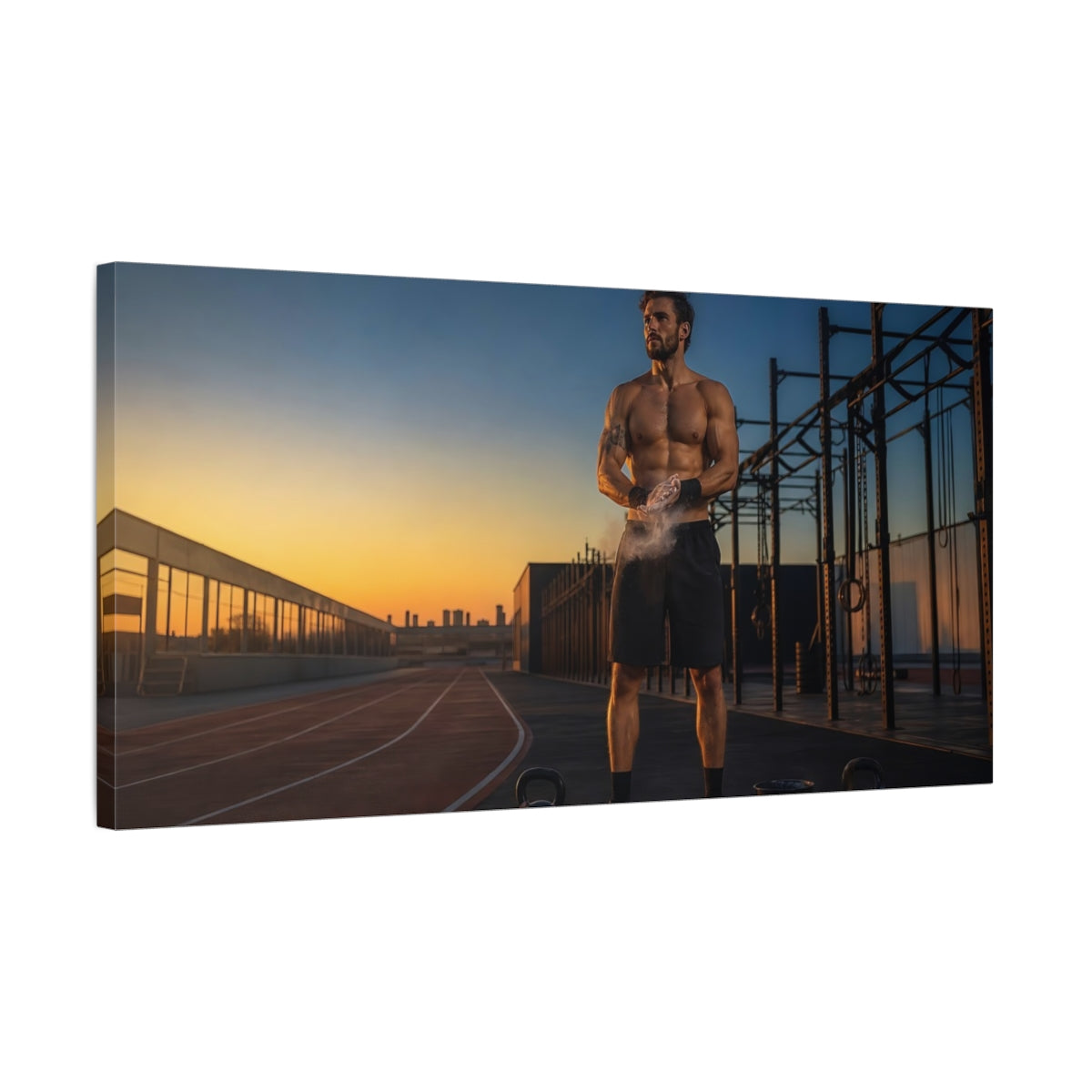 Side Mockup 1. Sunset Strength Training shown as canvas print