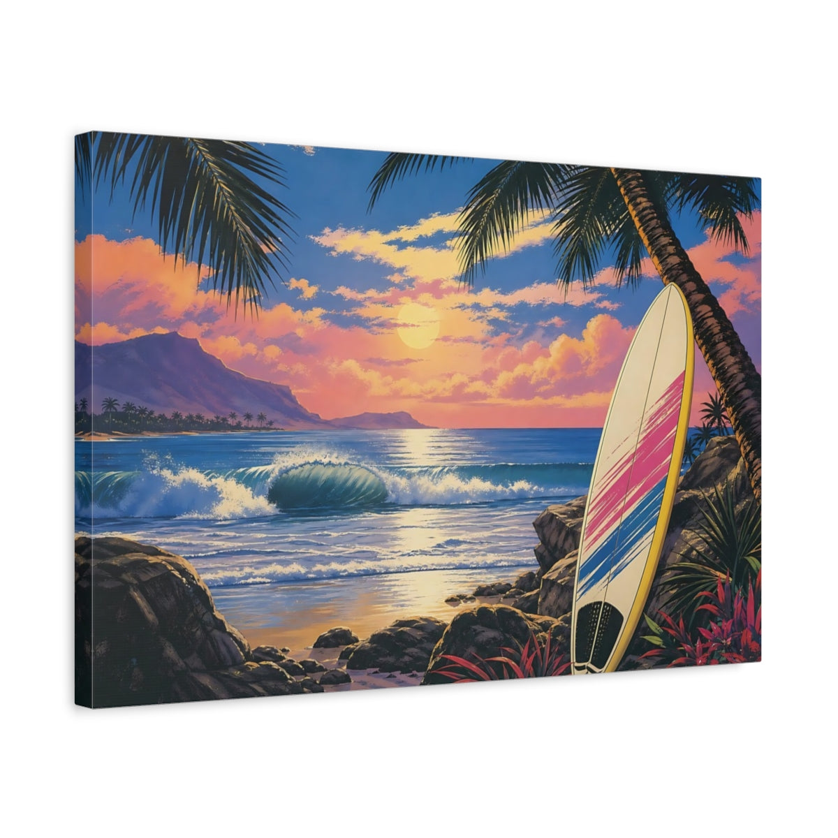 Side Mockup 3. Sunset Surfboard Escape shown as canvas print
