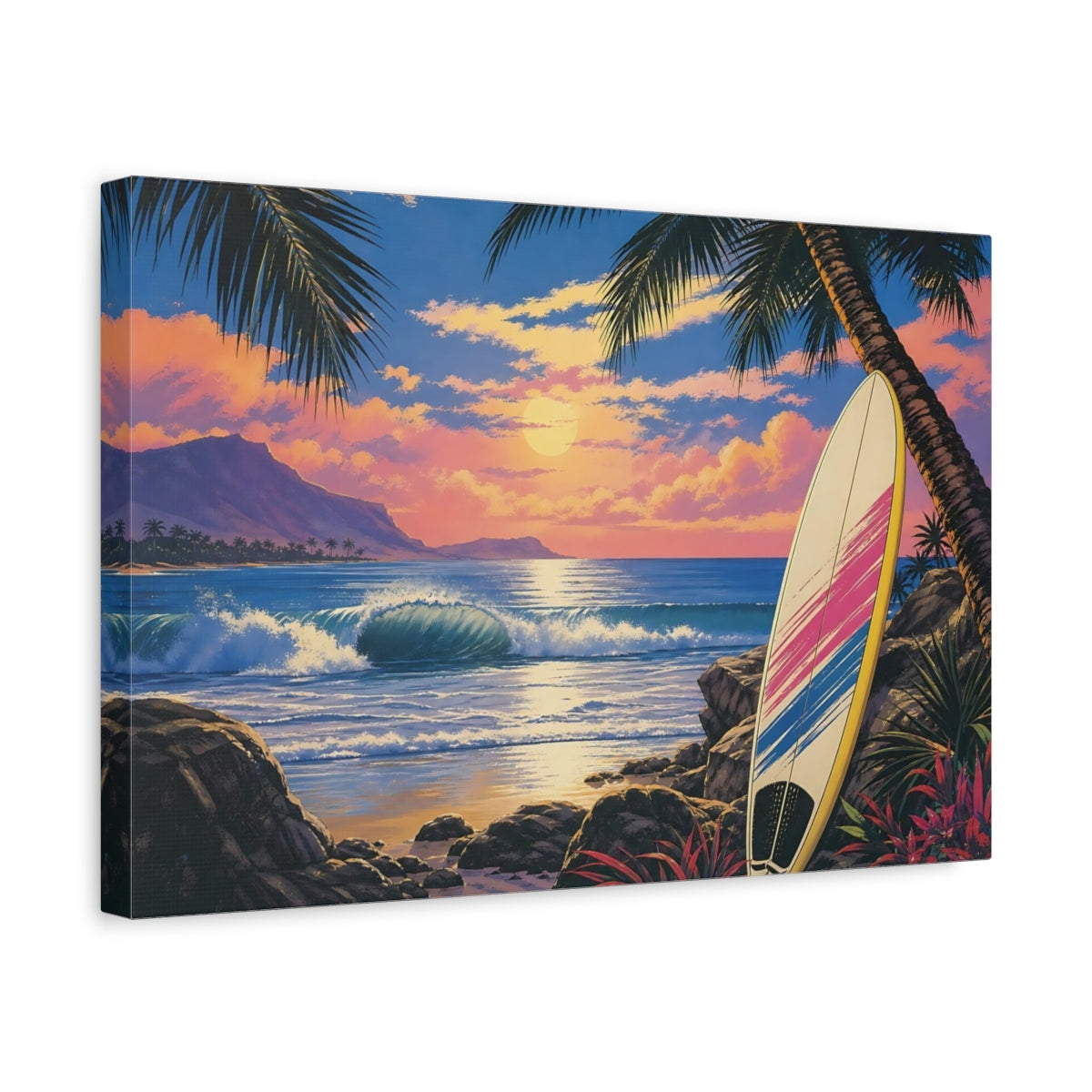 Side Mockup 4. Sunset Surfboard Escape shown as canvas print