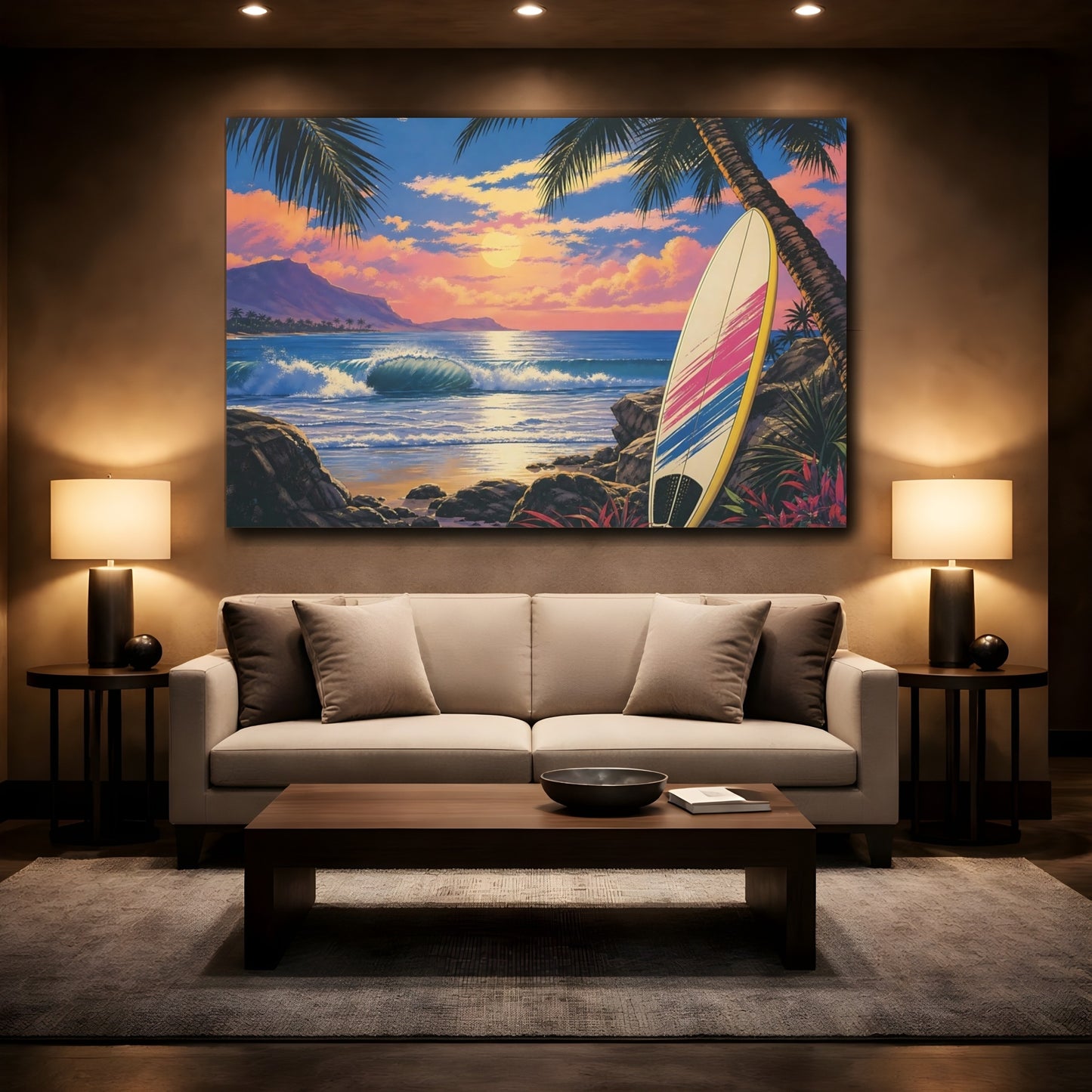 Mockup 2. Sunset Surfboard Escape shown as canvas print