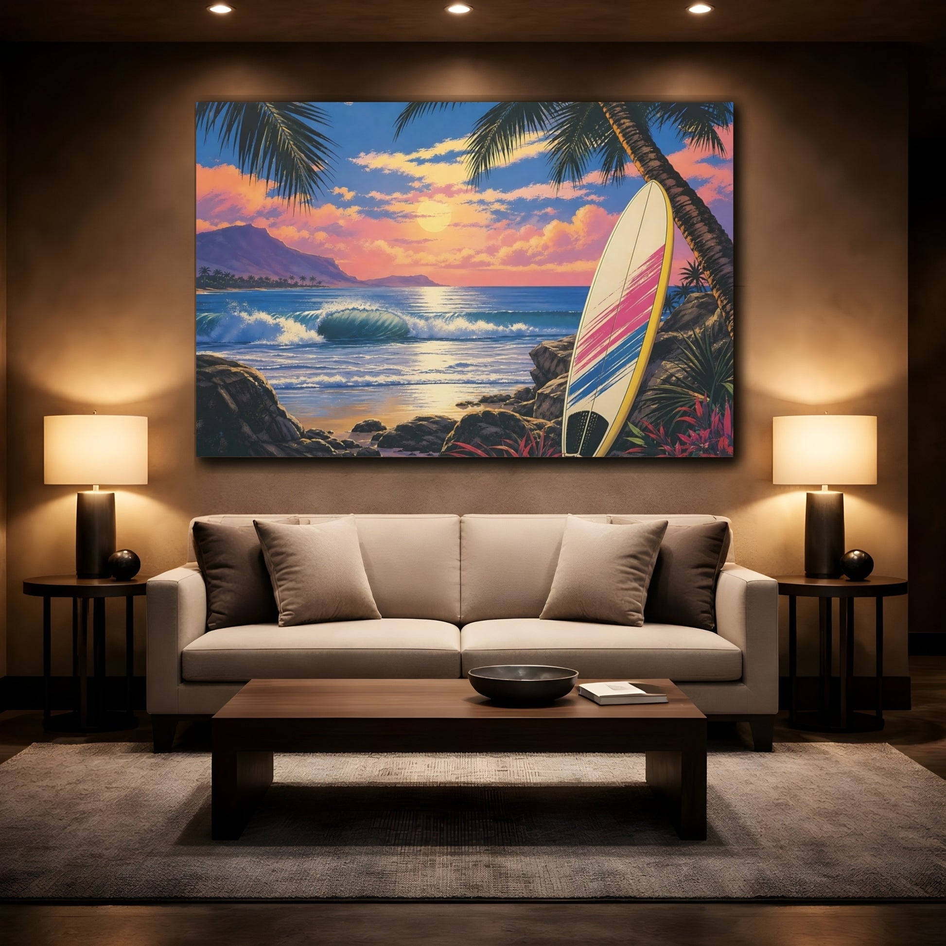 Mockup 2. Sunset Surfboard Escape shown as canvas print