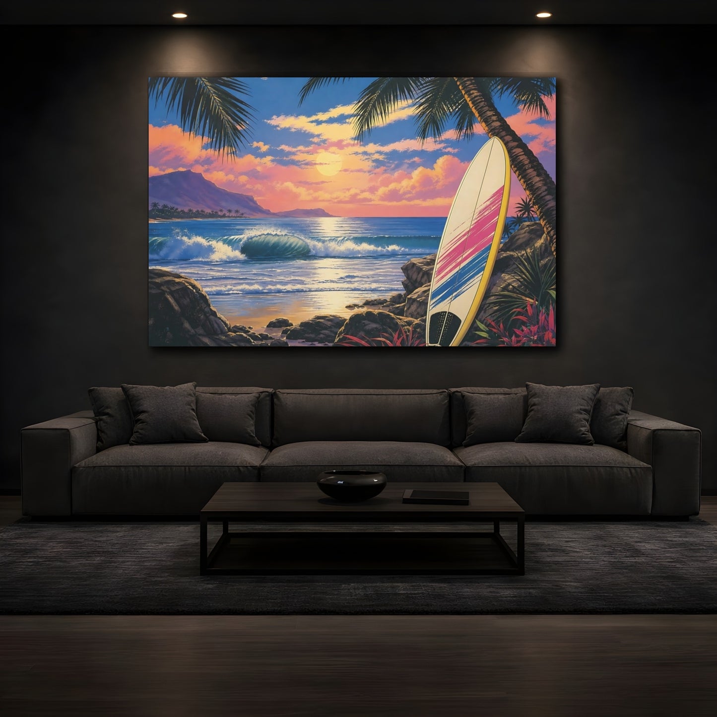 Mockup 3. Sunset Surfboard Escape shown as canvas print