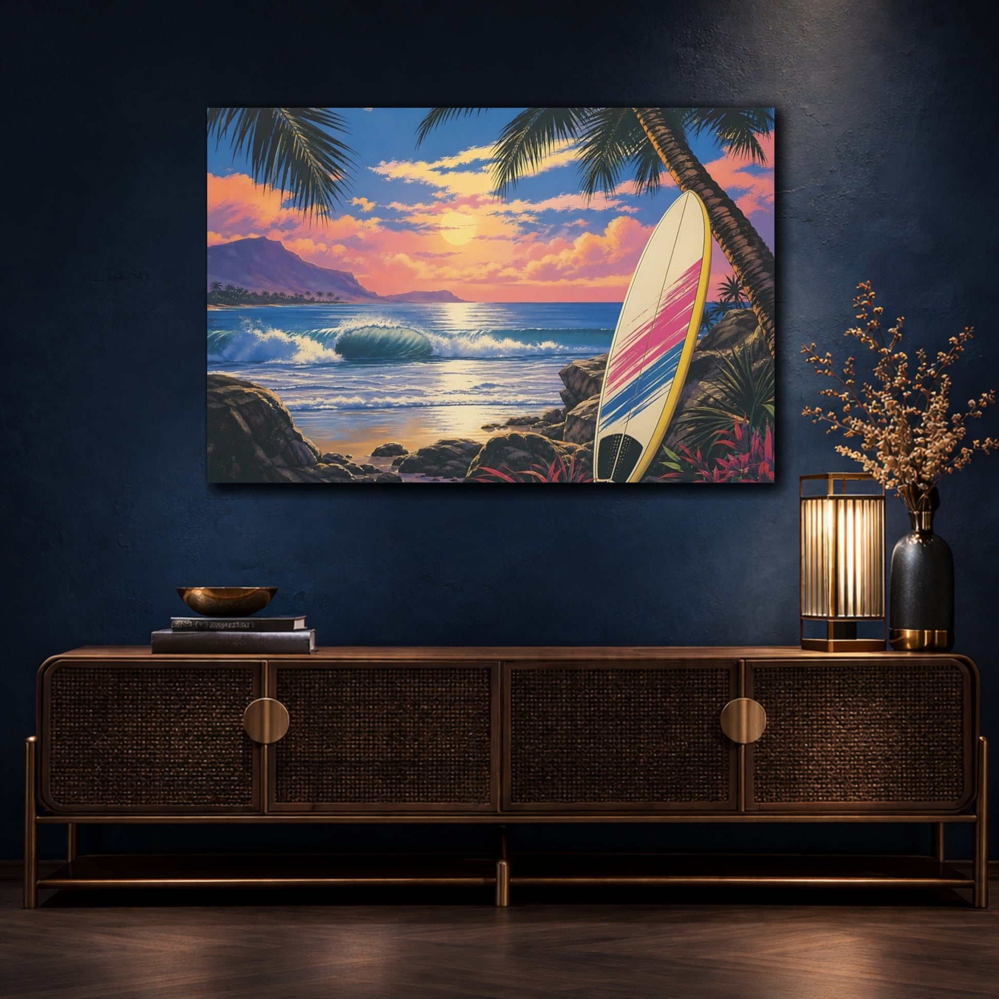 Mockup 4. Sunset Surfboard Escape shown as canvas print