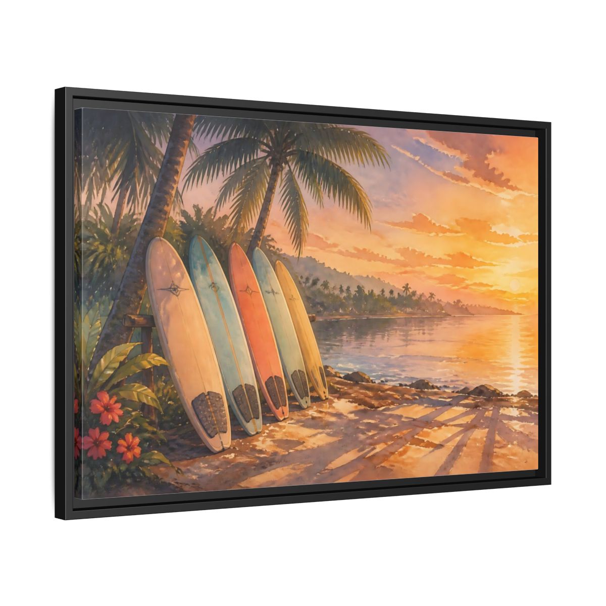 Side Mockup 14. Sunset Surfboards On Shore shown as framed canvas print