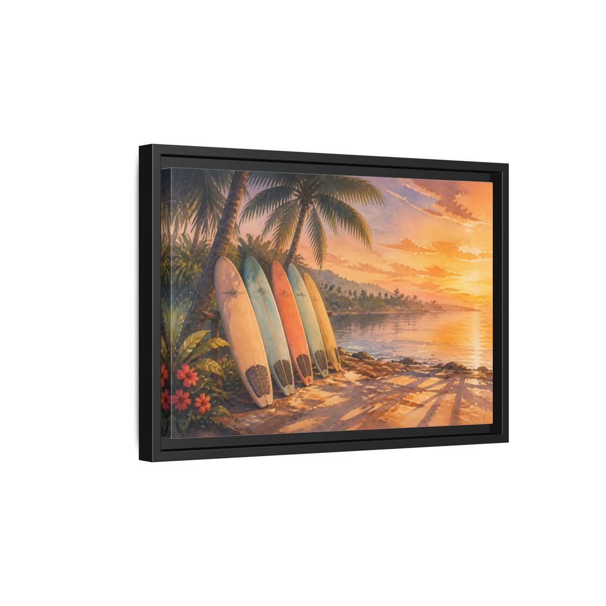 Side Mockup 6. Sunset Surfboards On Shore shown as framed canvas print