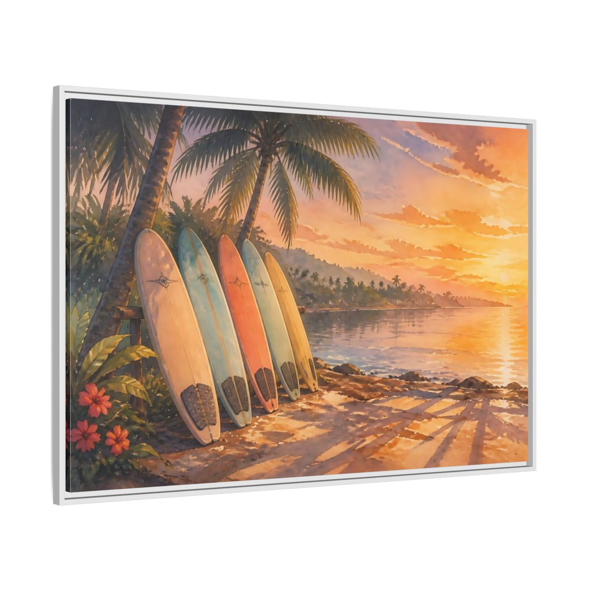 Side Mockup 7. Sunset Surfboards On Shore shown as framed canvas print