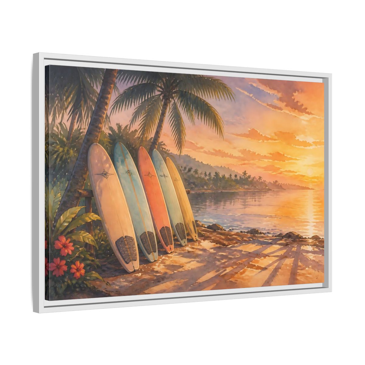 Side Mockup 10. Sunset Surfboards On Shore shown as framed canvas print