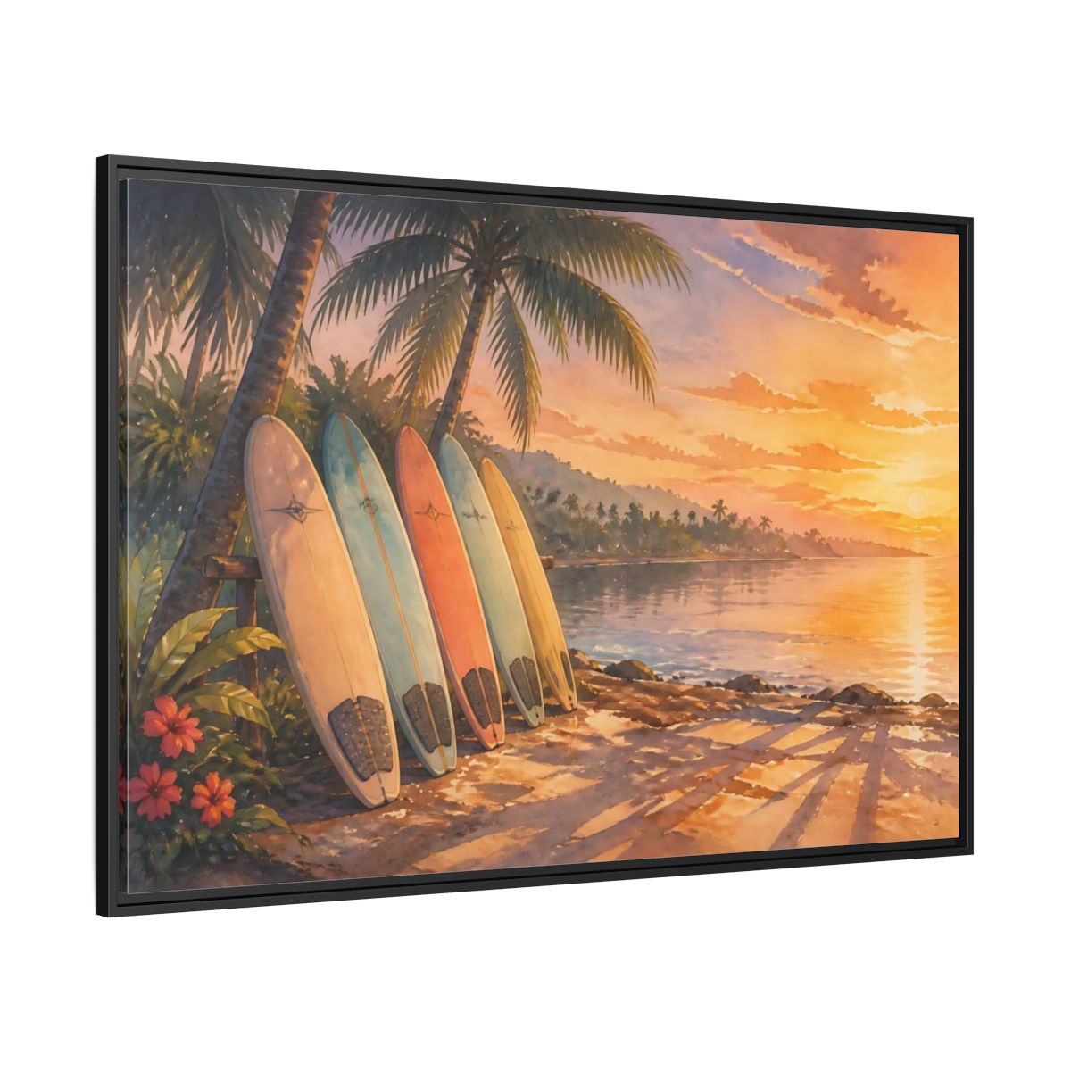 Side Mockup 12. Sunset Surfboards On Shore shown as framed canvas print