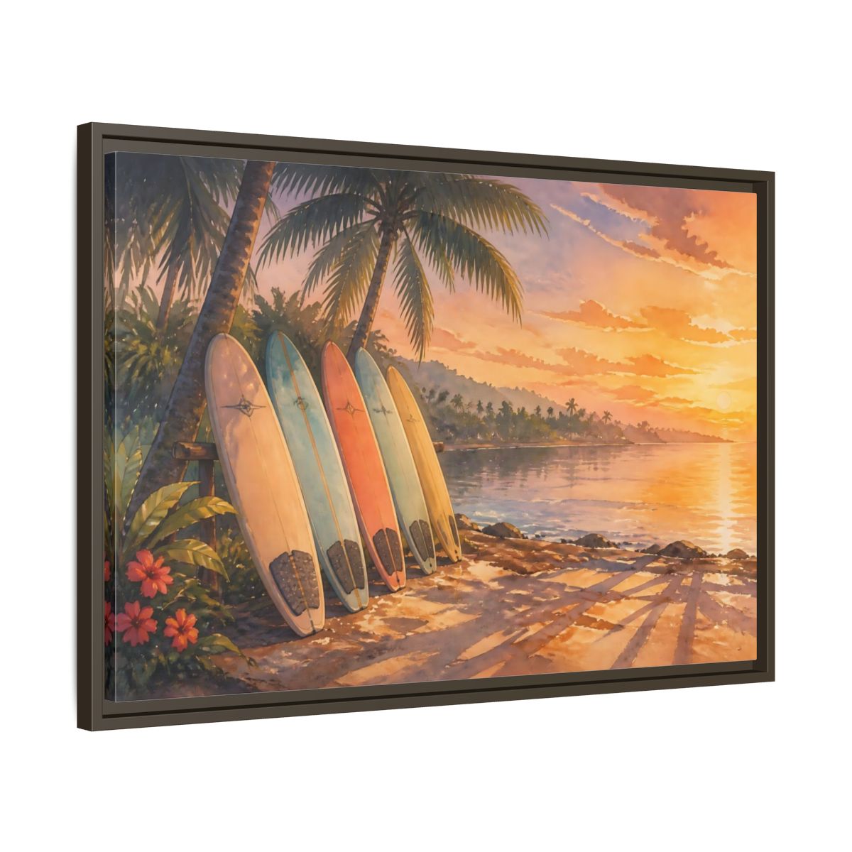 Side Mockup 11. Sunset Surfboards On Shore shown as framed canvas print