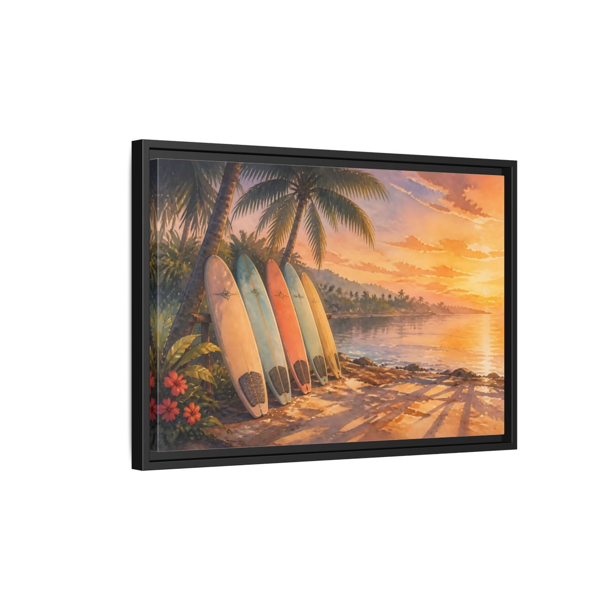 Side Mockup 3. Sunset Surfboards On Shore shown as framed canvas print