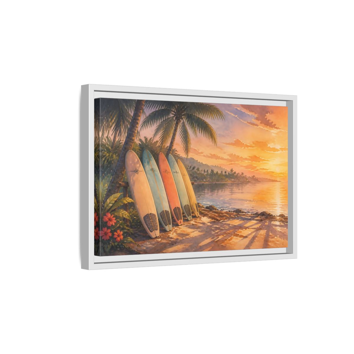 Side Mockup 4. Sunset Surfboards On Shore shown as framed canvas print