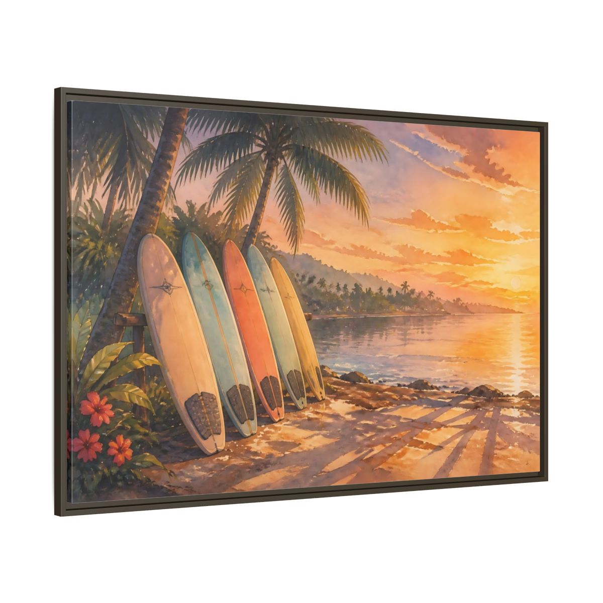 Side Mockup 8. Sunset Surfboards On Shore shown as framed canvas print