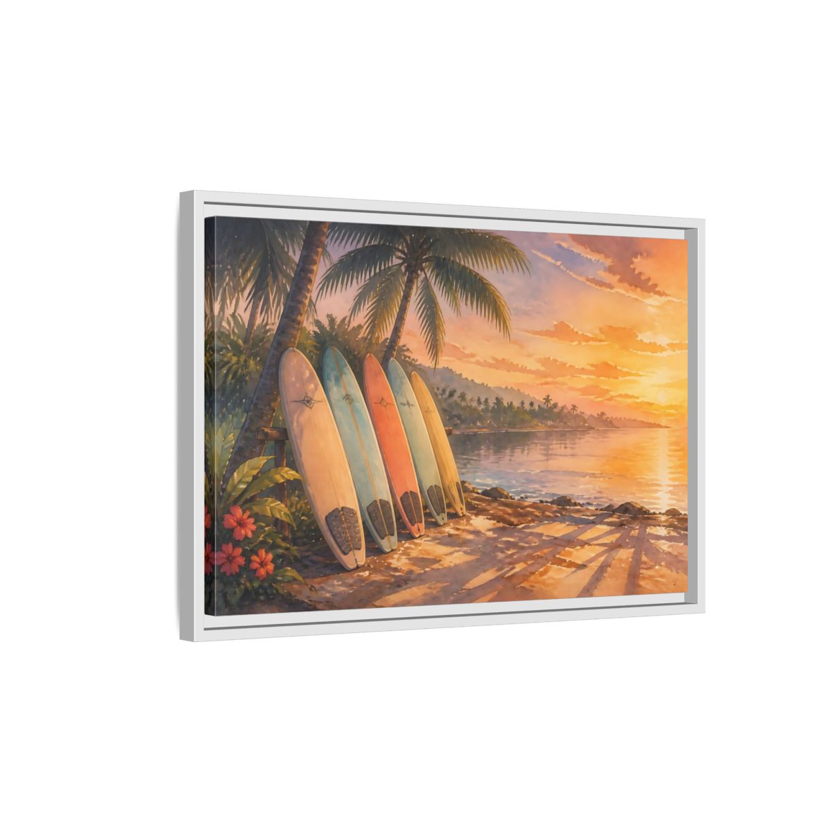 Side Mockup 1. Sunset Surfboards On Shore shown as framed canvas print