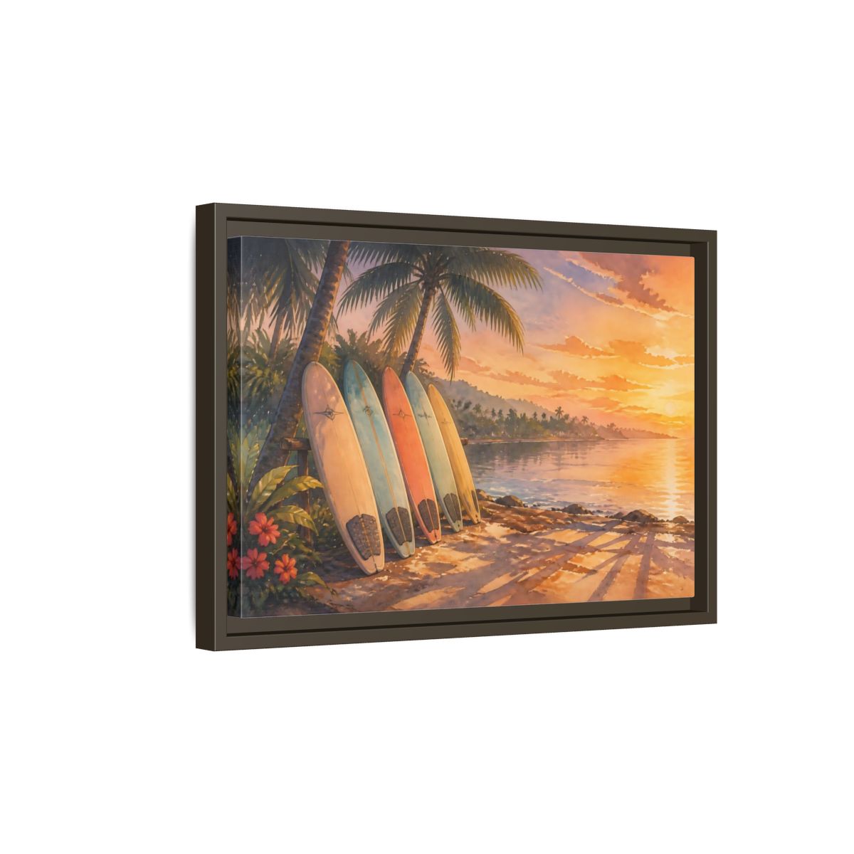 Side Mockup 5. Sunset Surfboards On Shore shown as framed canvas print