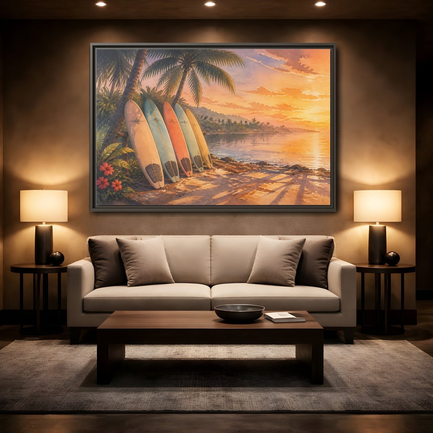 Mockup 2. Sunset Surfboards On Shore shown as framed canvas print