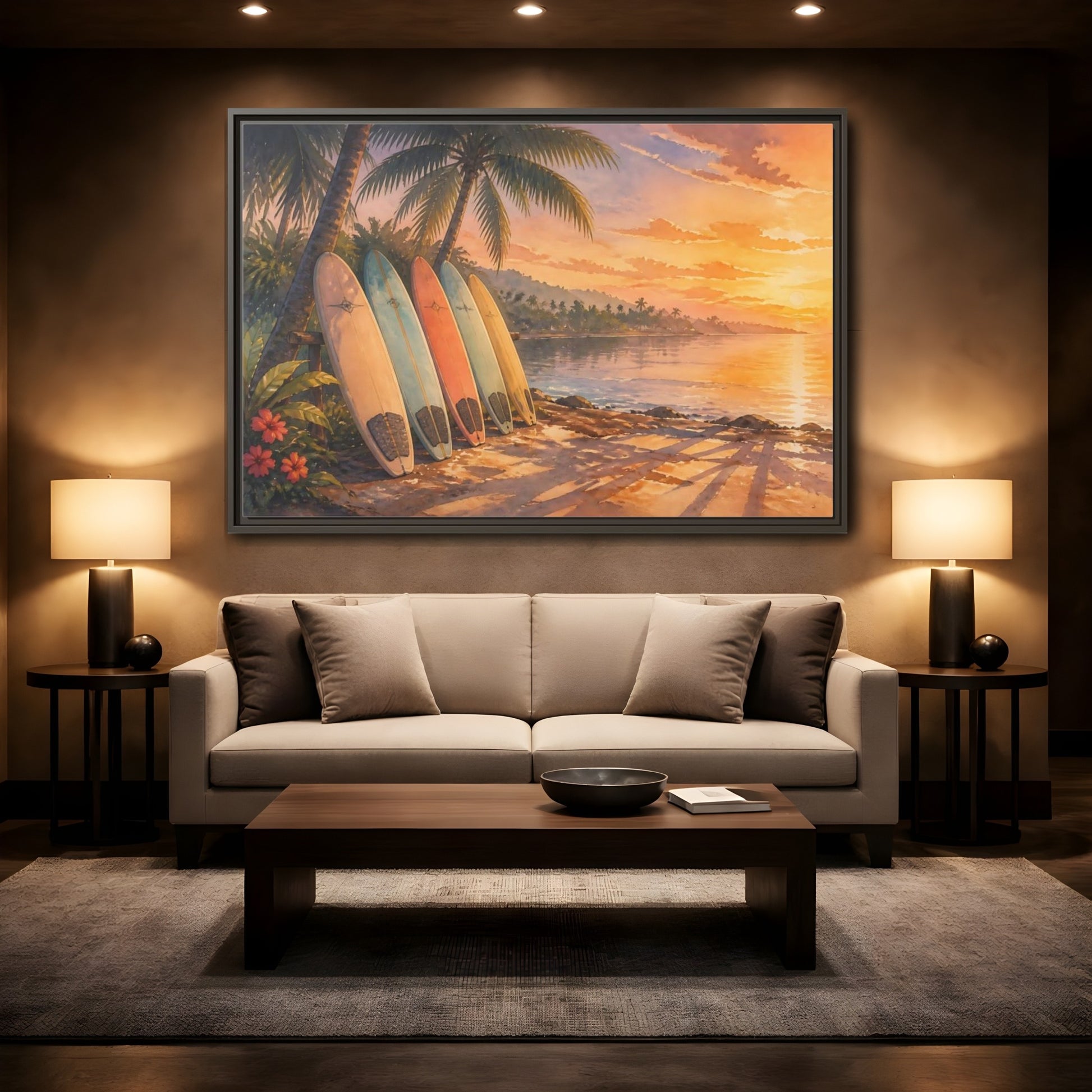 Mockup 2. Sunset Surfboards On Shore shown as framed canvas print