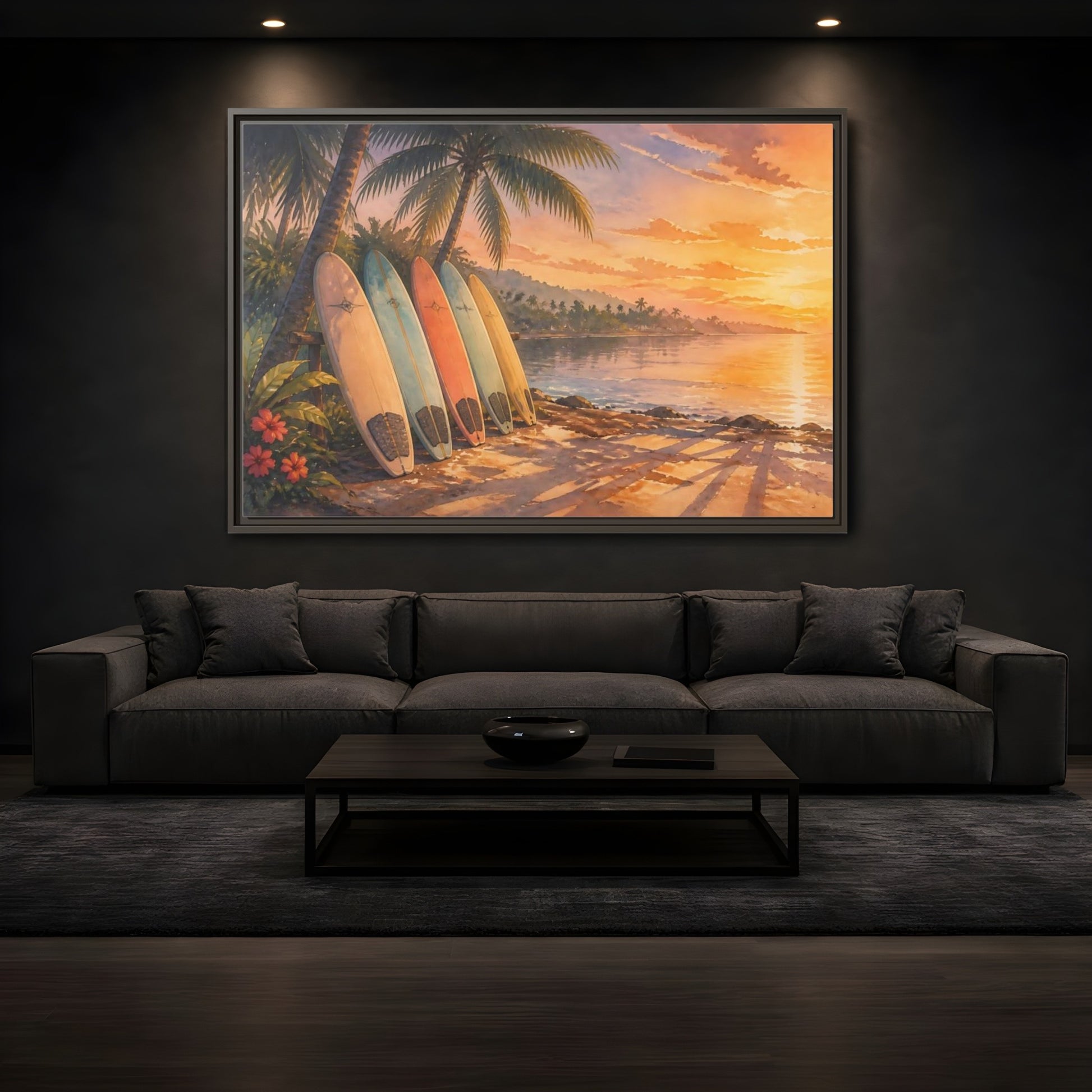 Mockup 3. Sunset Surfboards On Shore shown as framed canvas print