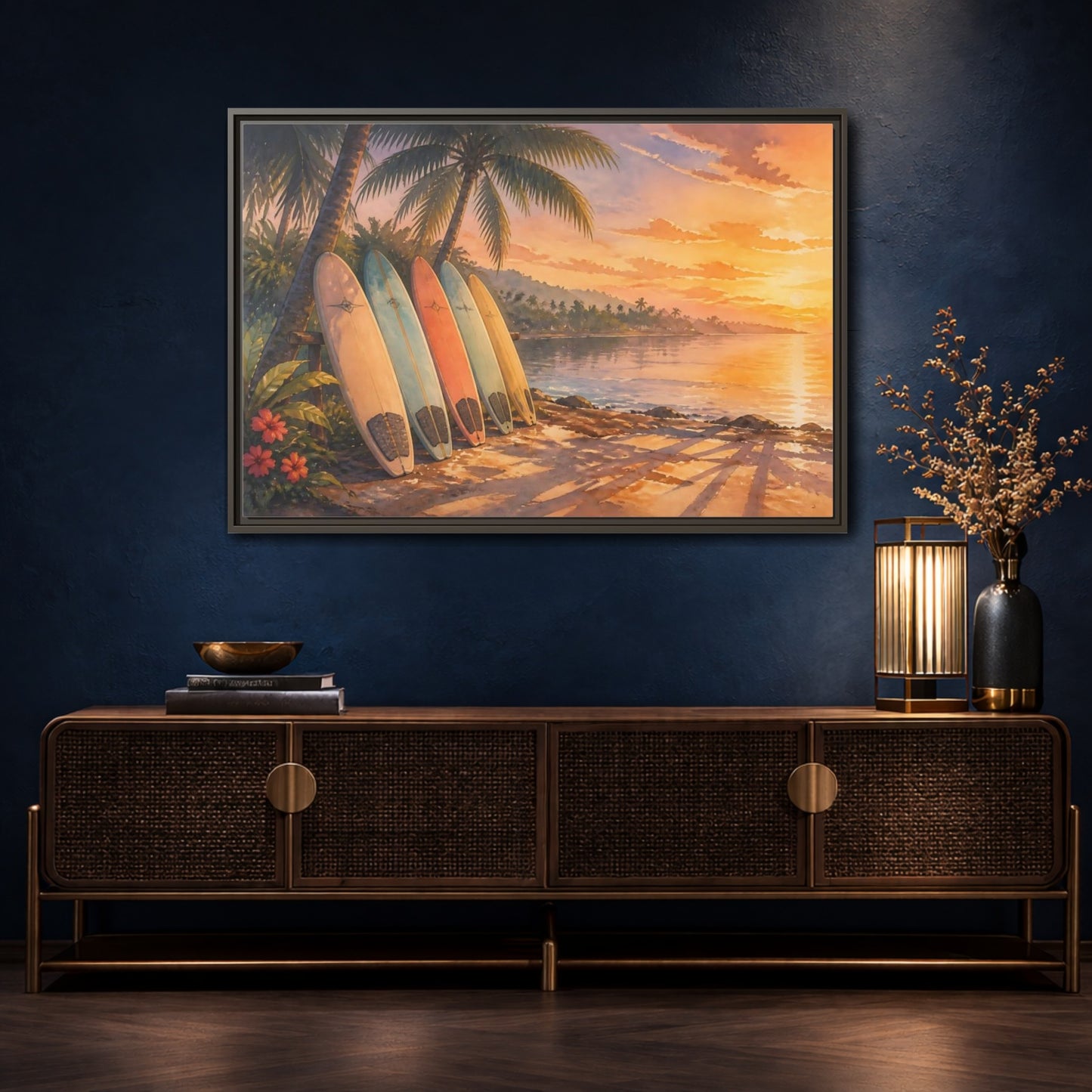 Mockup 4. Sunset Surfboards On Shore shown as framed canvas print