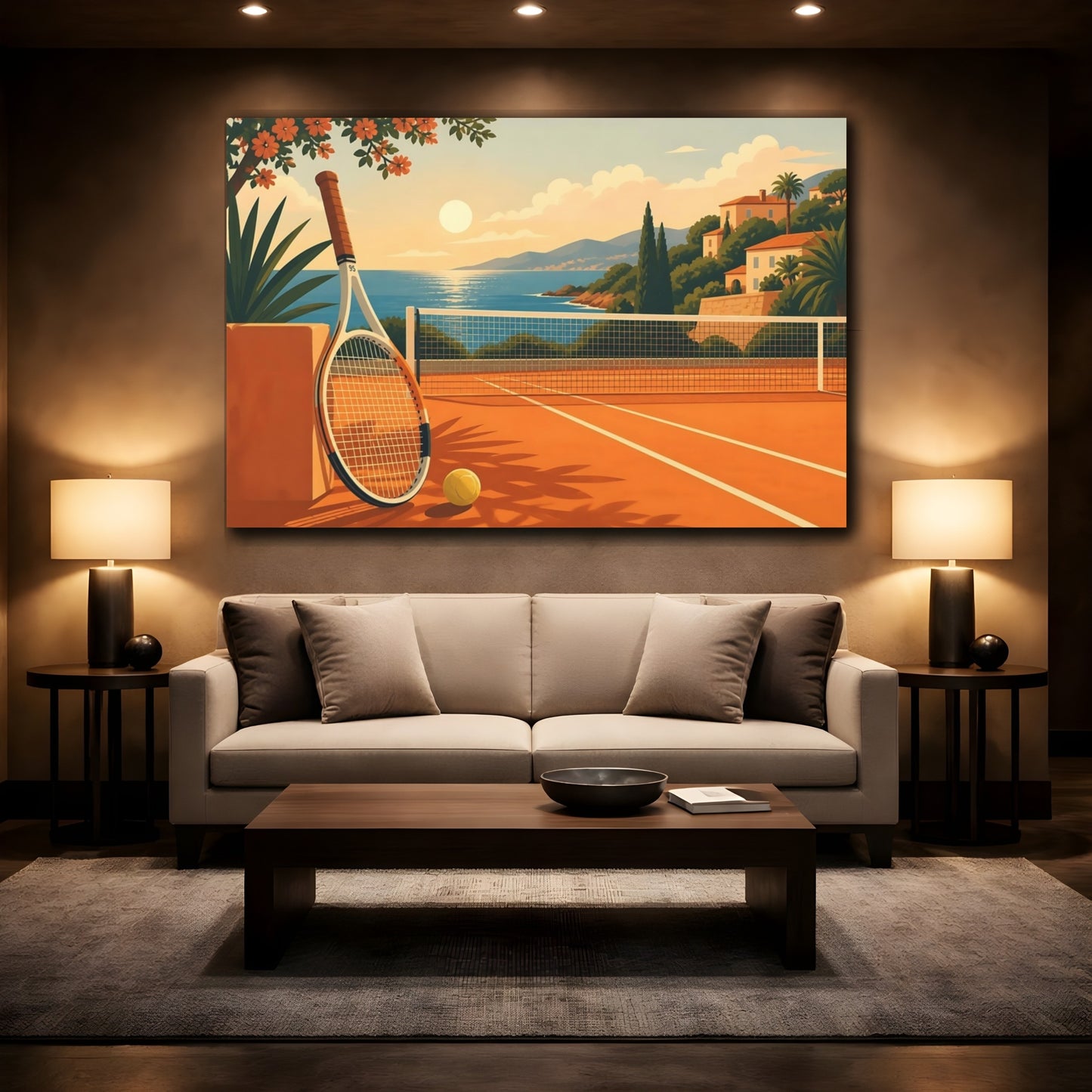 Mockup 2. Sunset Tennis By The Sea shown as canvas print