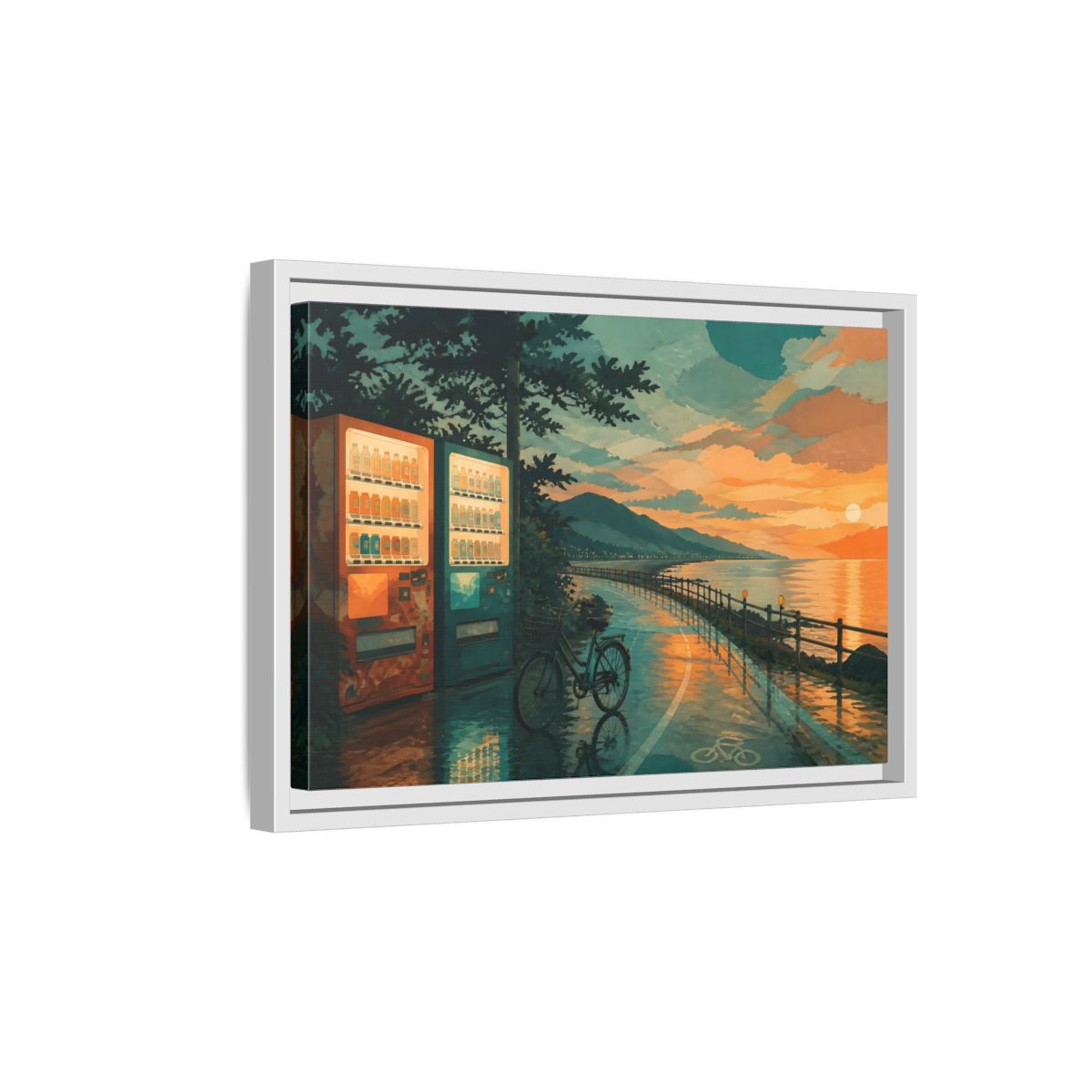 Side Mockup 4. Sunset Vending By The Coast shown as framed canvas print