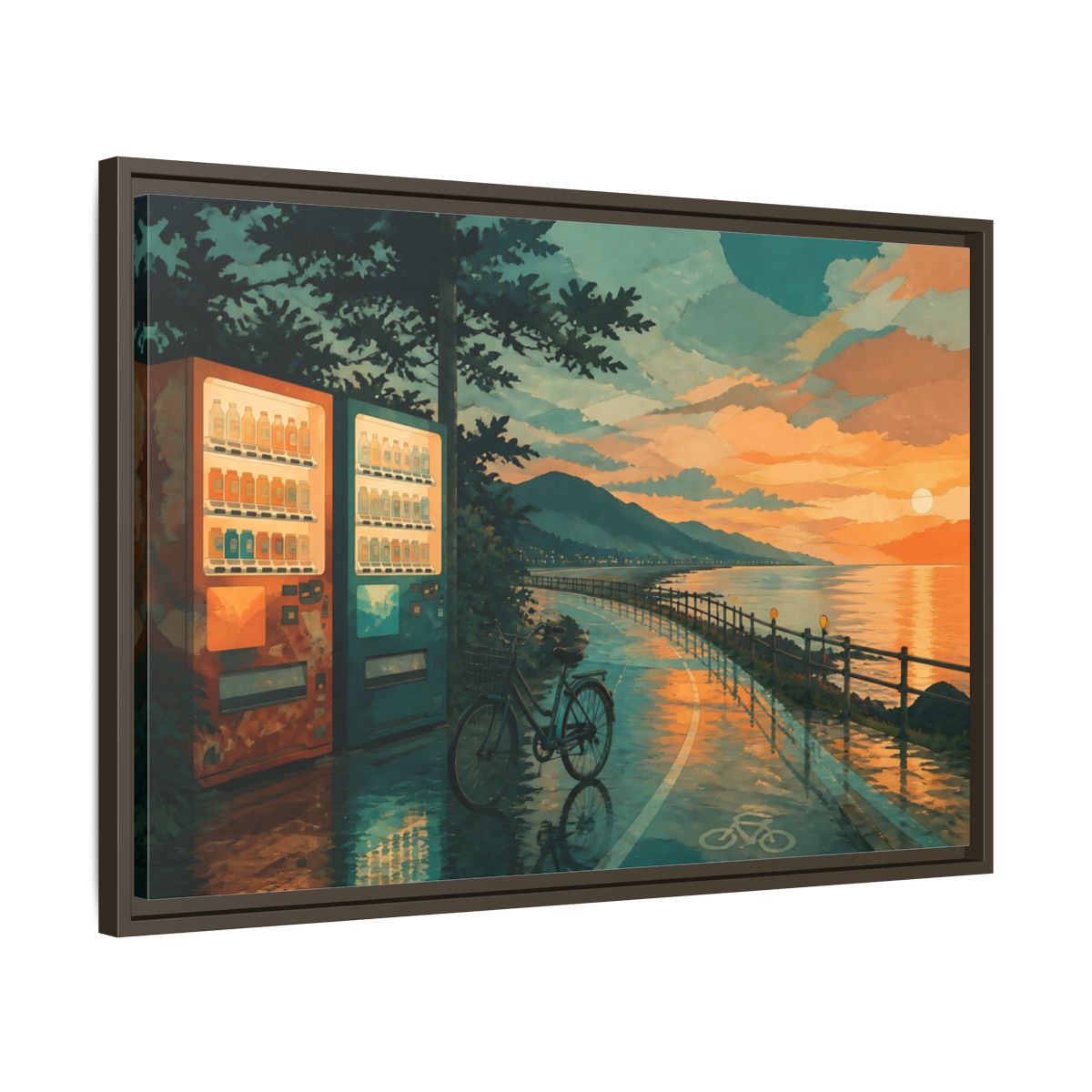 Side Mockup 11. Sunset Vending By The Coast shown as framed canvas print