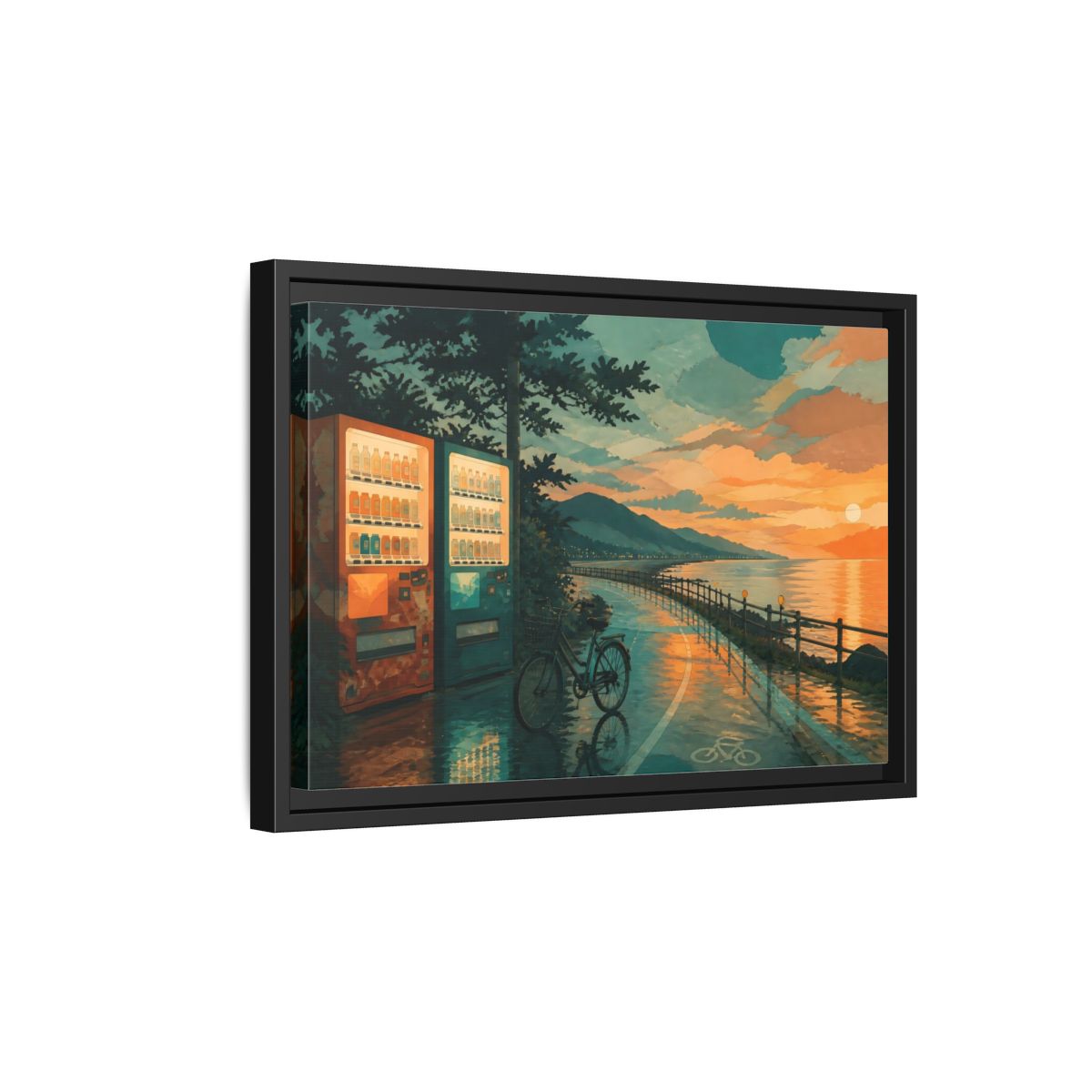 Side Mockup 6. Sunset Vending By The Coast shown as framed canvas print