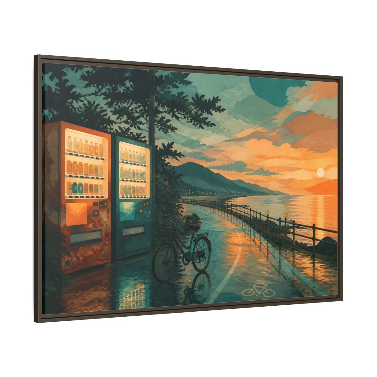 Side Mockup 8. Sunset Vending By The Coast shown as framed canvas print