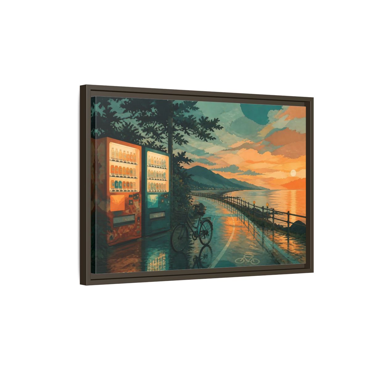 Side Mockup 2. Sunset Vending By The Coast shown as framed canvas print