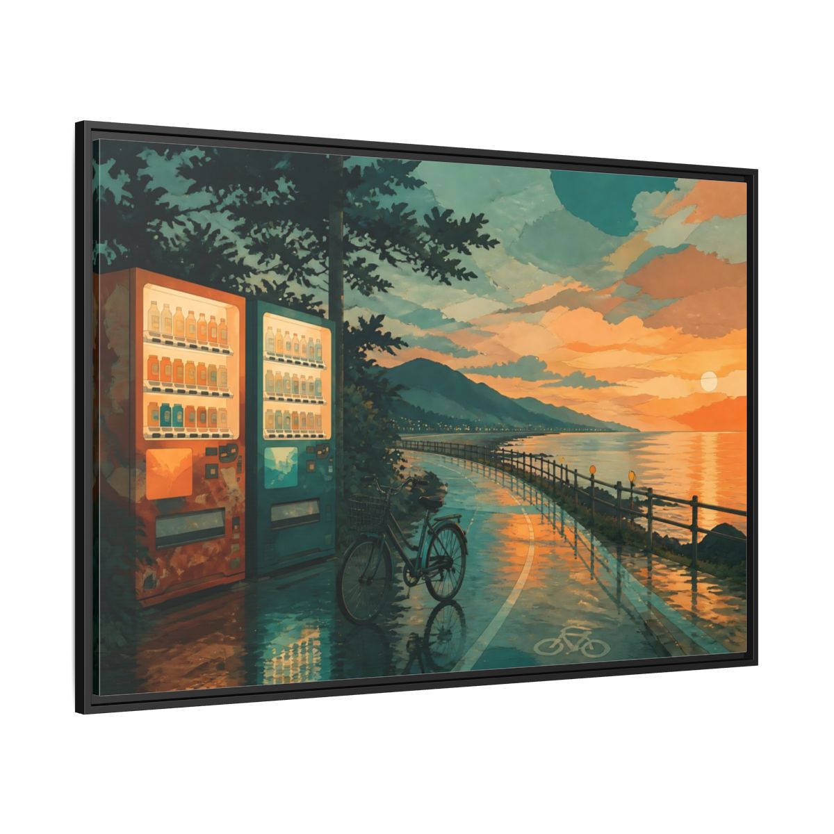 Side Mockup 12. Sunset Vending By The Coast shown as framed canvas print