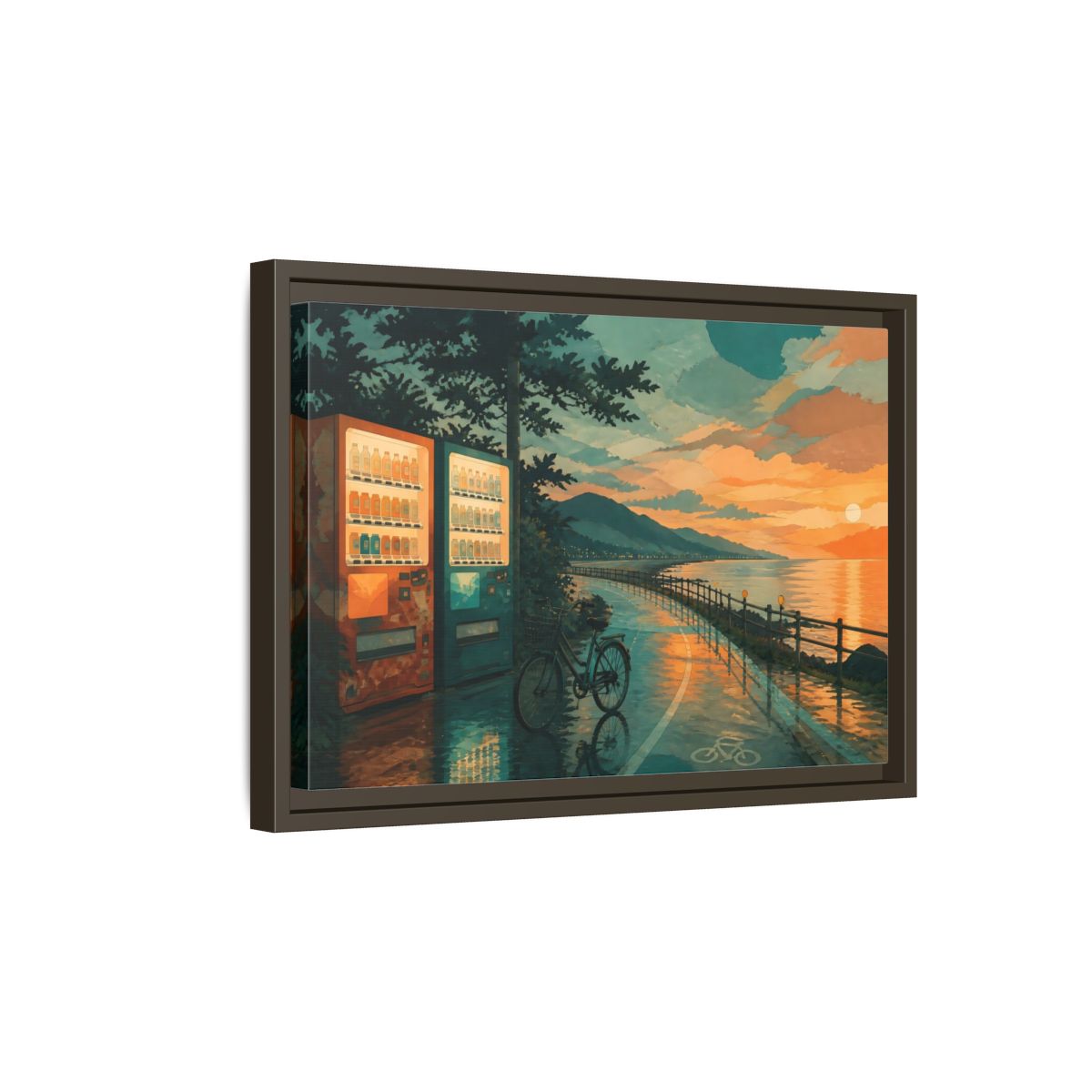 Side Mockup 5. Sunset Vending By The Coast shown as framed canvas print