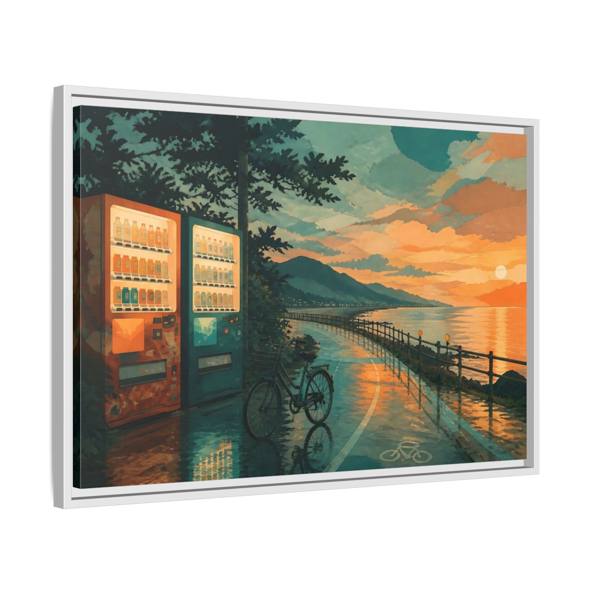 Side Mockup 10. Sunset Vending By The Coast shown as framed canvas print