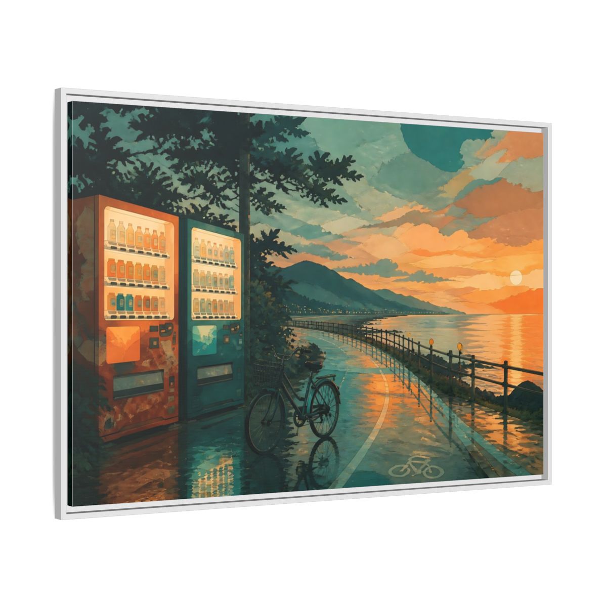 Side Mockup 7. Sunset Vending By The Coast shown as framed canvas print