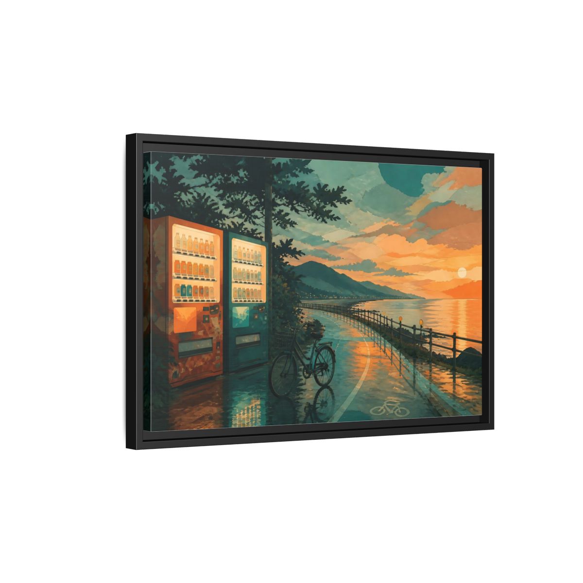 Side Mockup 3. Sunset Vending By The Coast shown as framed canvas print