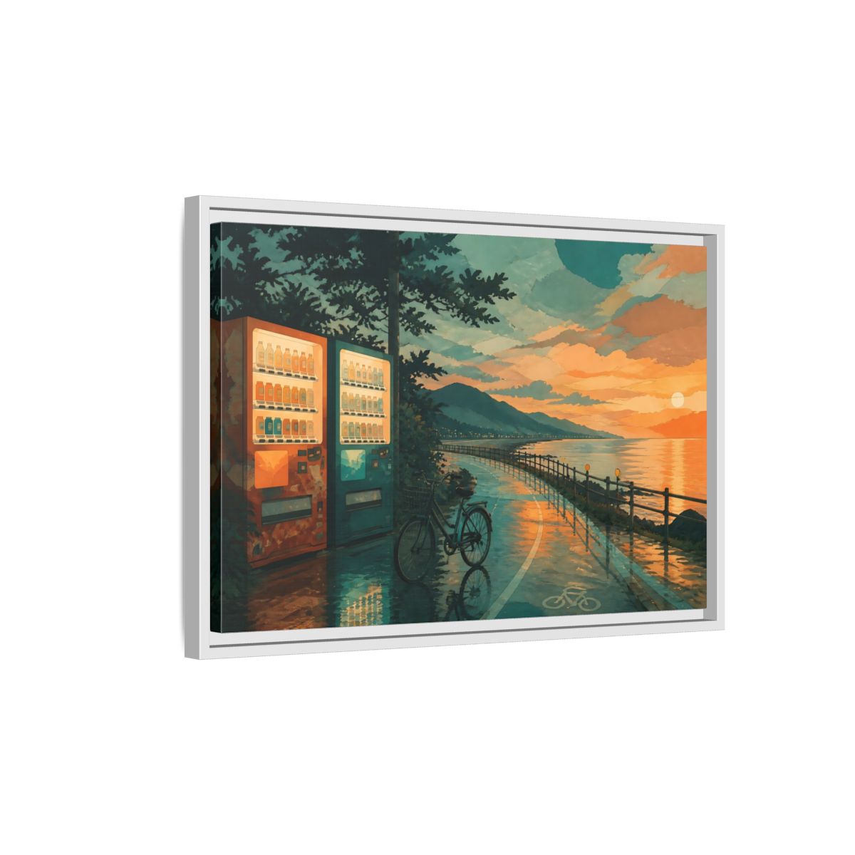 Side Mockup 1. Sunset Vending By The Coast shown as framed canvas print