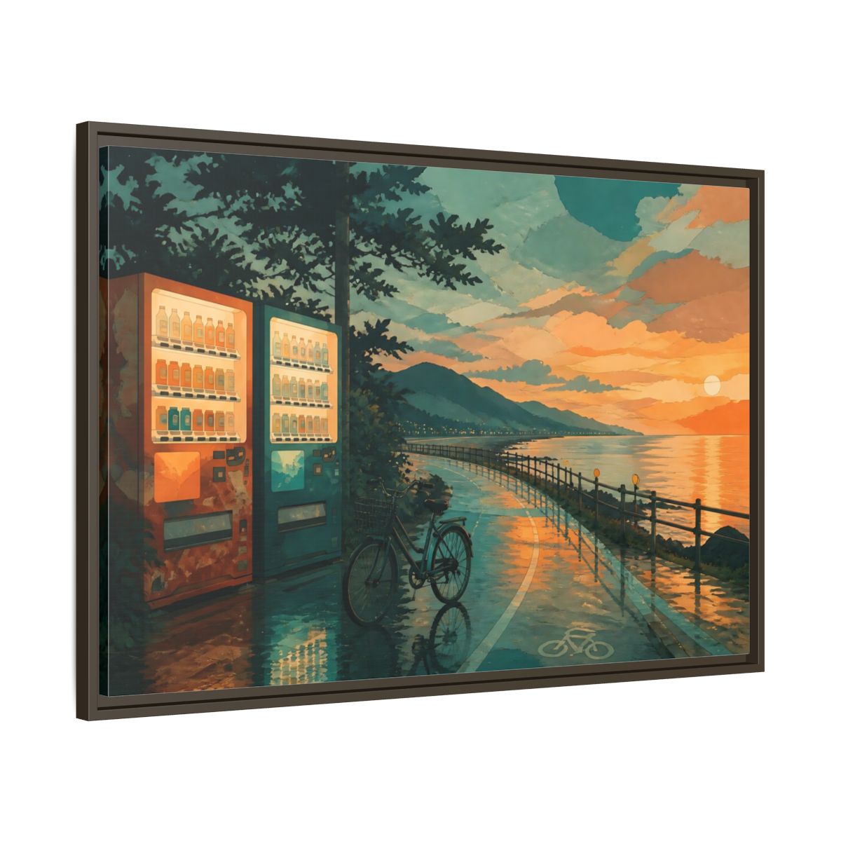 Main Mockup. Sunset Vending By The Coast shown as framed canvas print