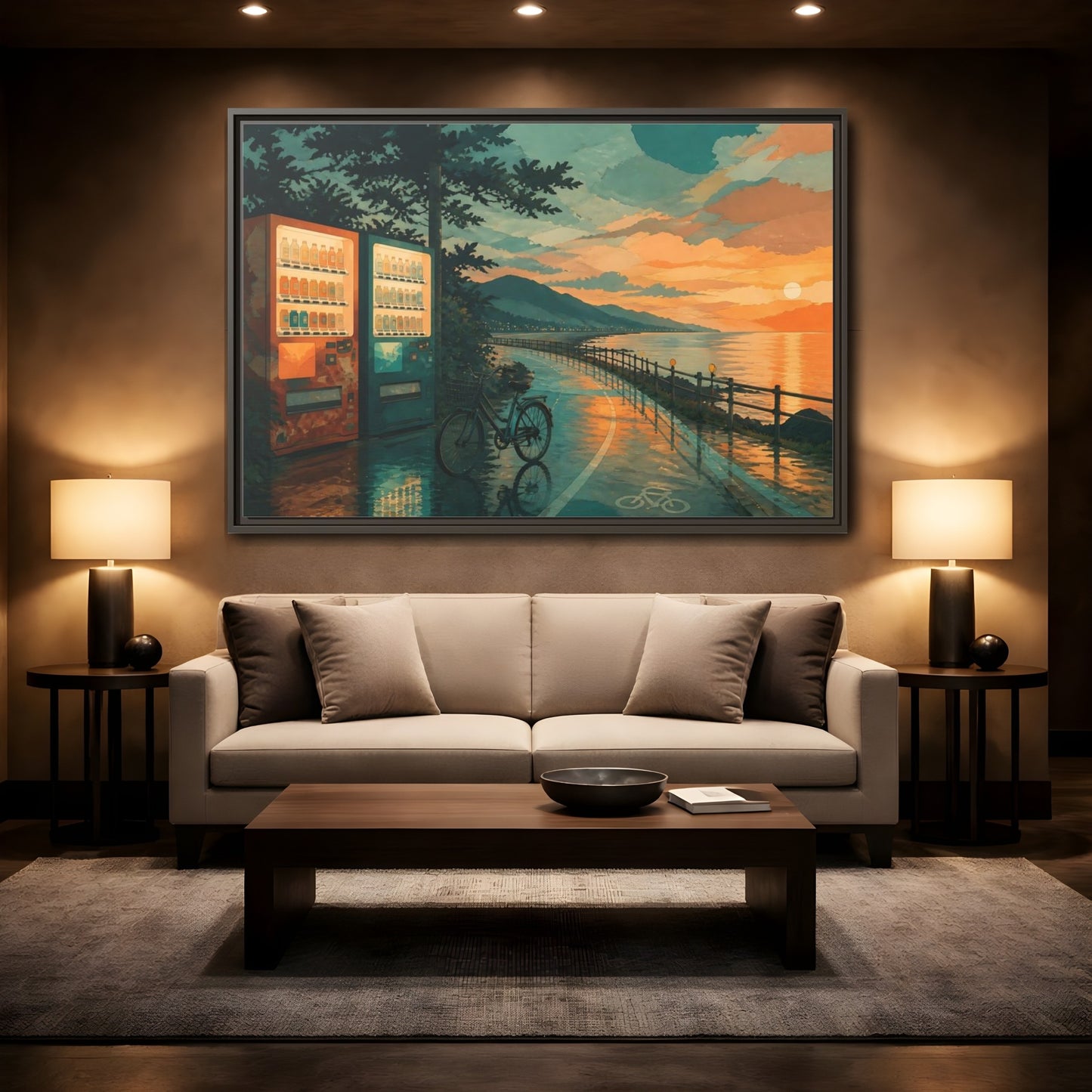 Mockup 2. Sunset Vending By The Coast shown as framed canvas print