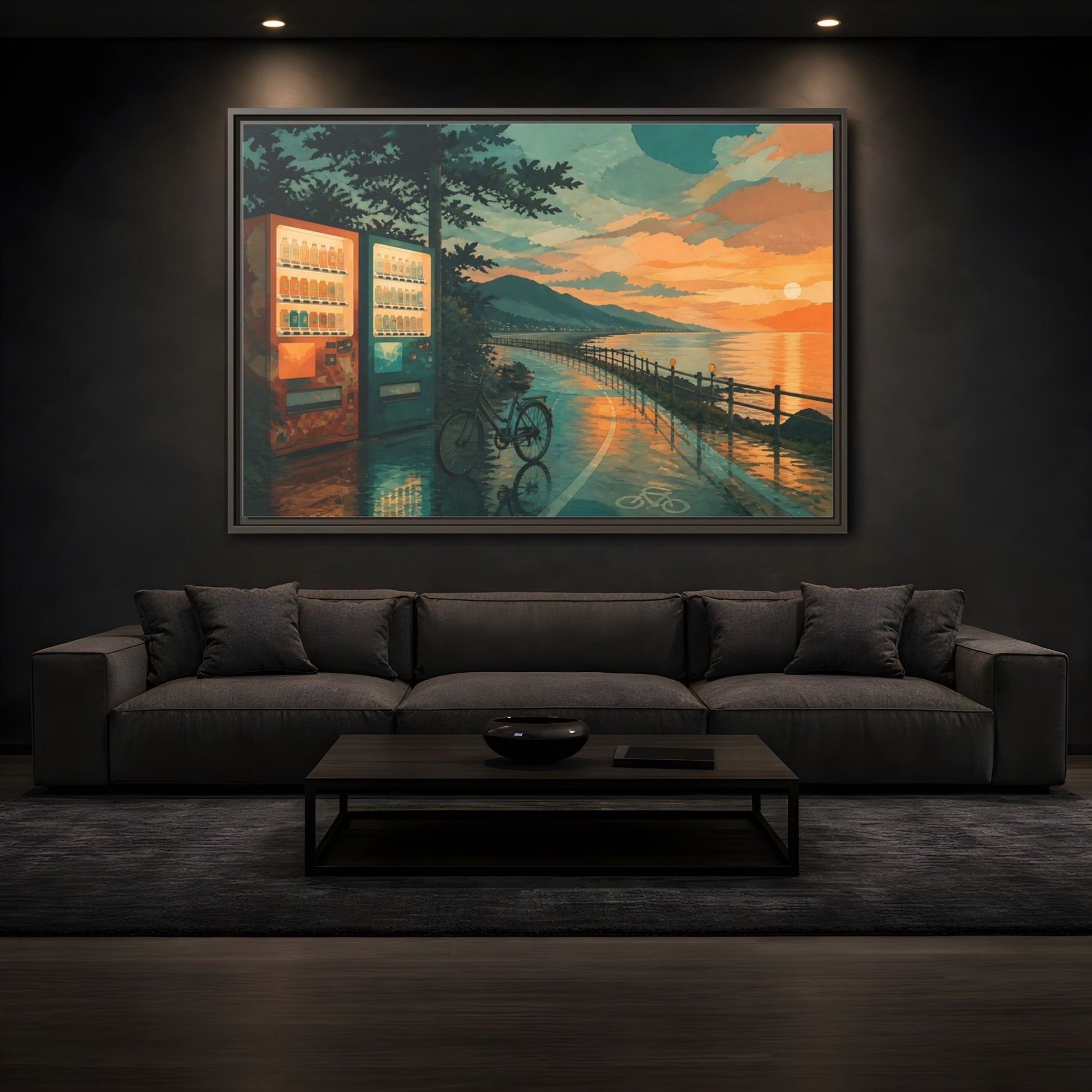 Mockup 3. Sunset Vending By The Coast shown as framed canvas print