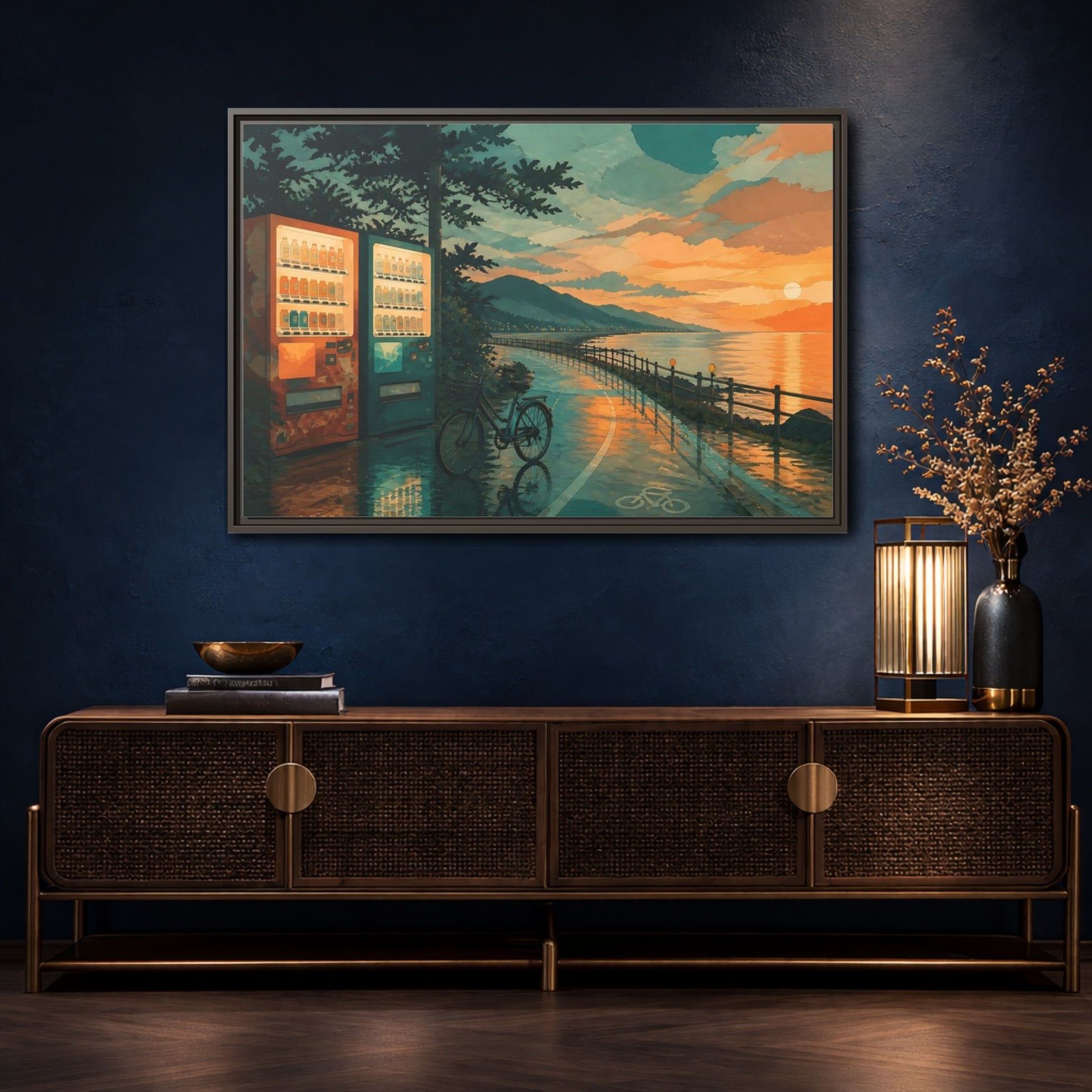 Mockup 4. Sunset Vending By The Coast shown as framed canvas print