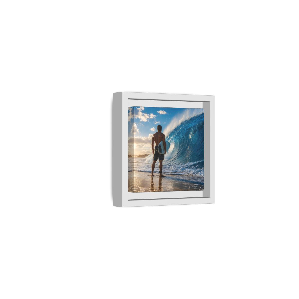 Side Mockup 22. Sunset Wave Surfer shown as framed canvas print