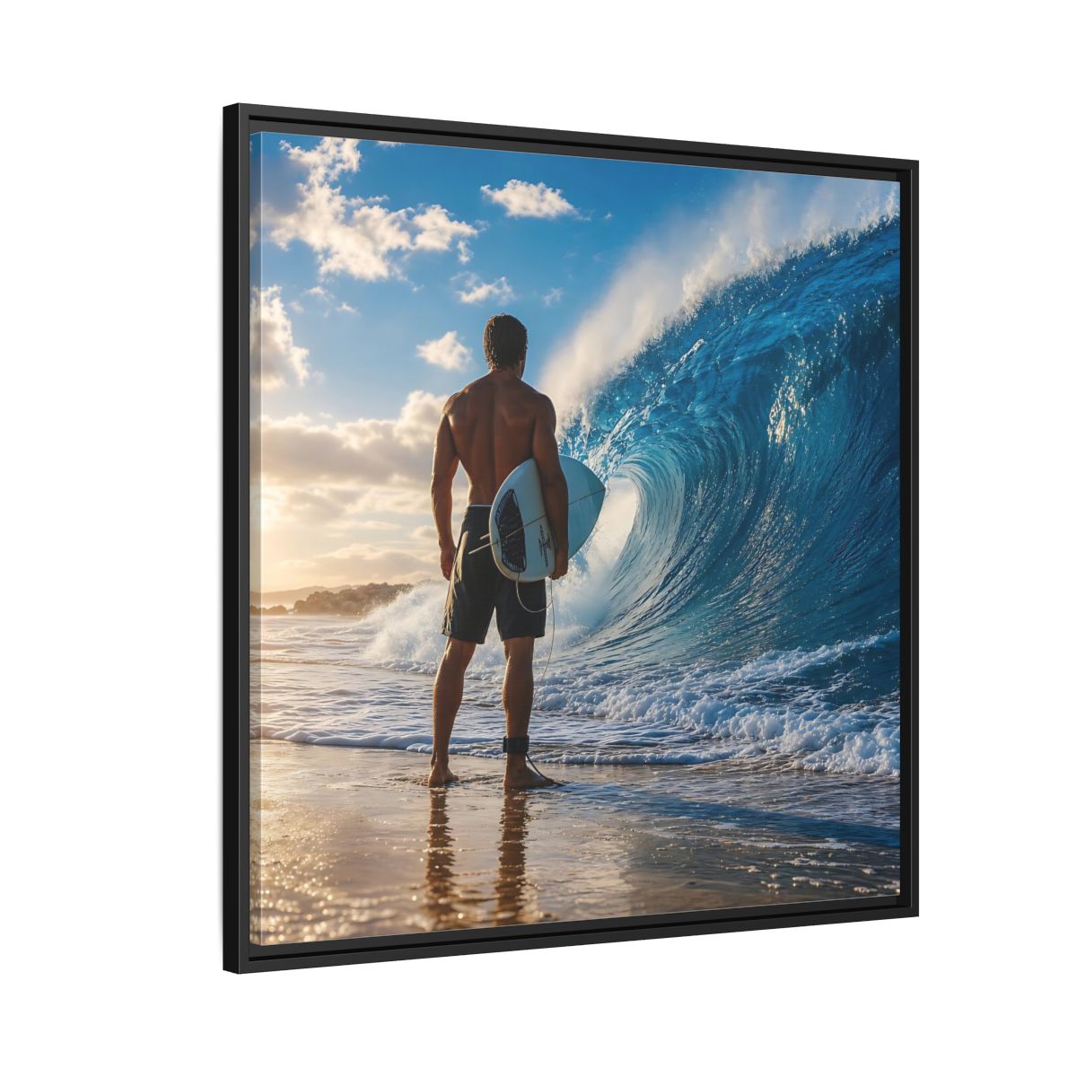 Side Mockup 9. Sunset Wave Surfer shown as framed canvas print