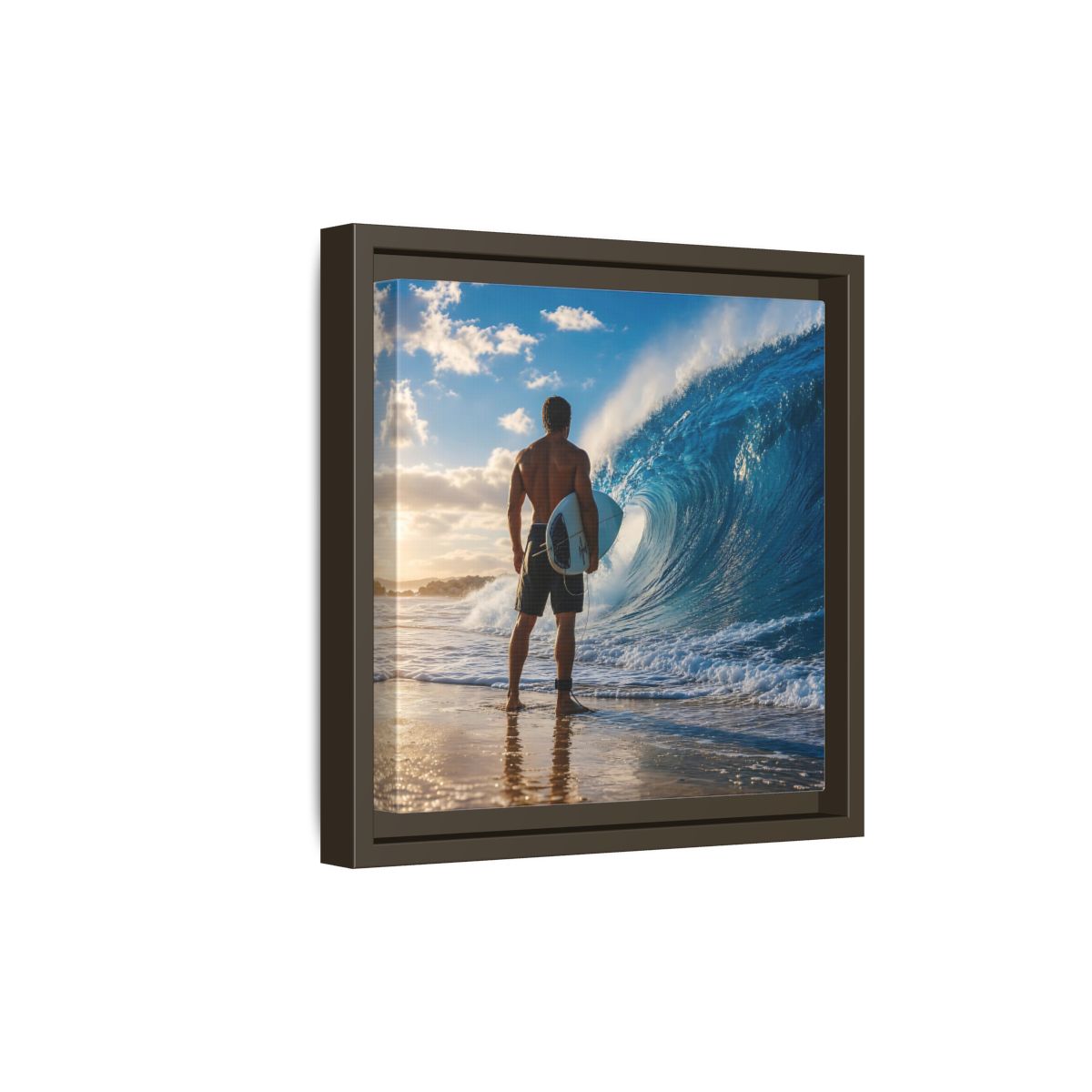 Side Mockup 20. Sunset Wave Surfer shown as framed canvas print