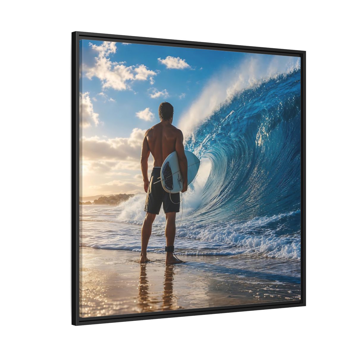 Side Mockup 6. Sunset Wave Surfer shown as framed canvas print