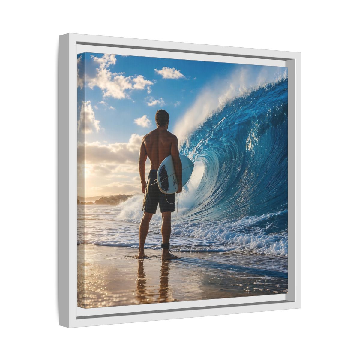 Side Mockup 28. Sunset Wave Surfer shown as framed canvas print