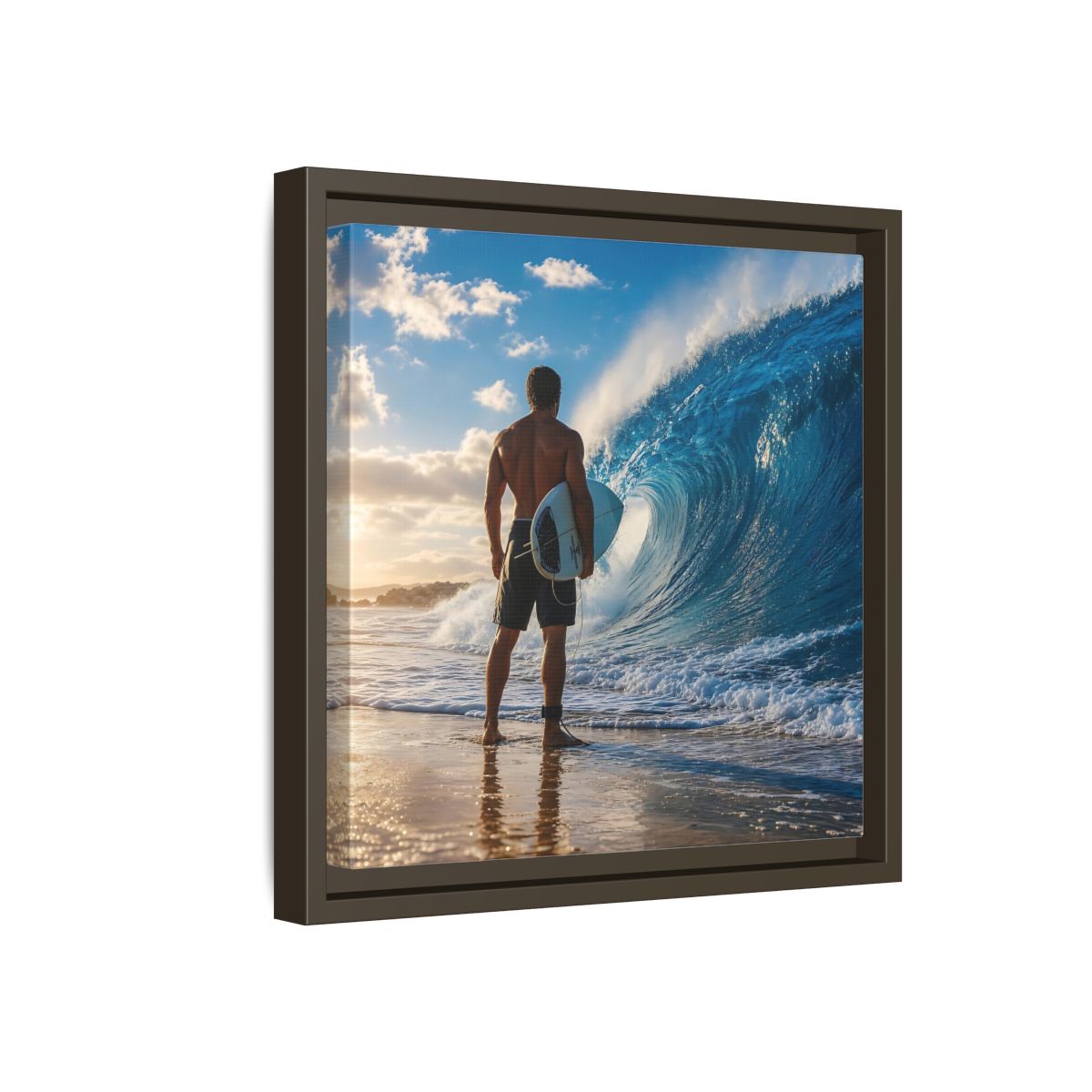 Side Mockup 17. Sunset Wave Surfer shown as framed canvas print