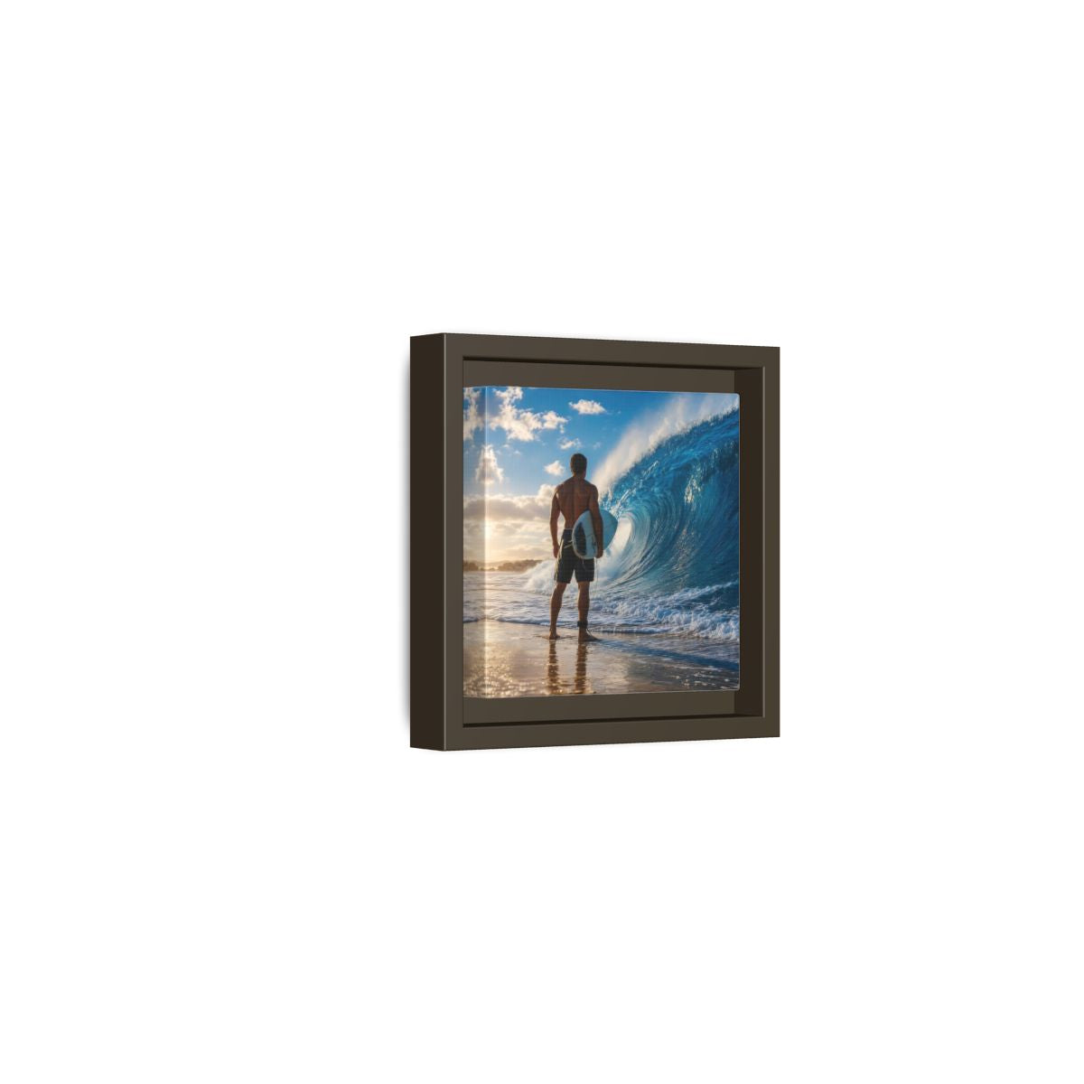 Side Mockup 23. Sunset Wave Surfer shown as framed canvas print