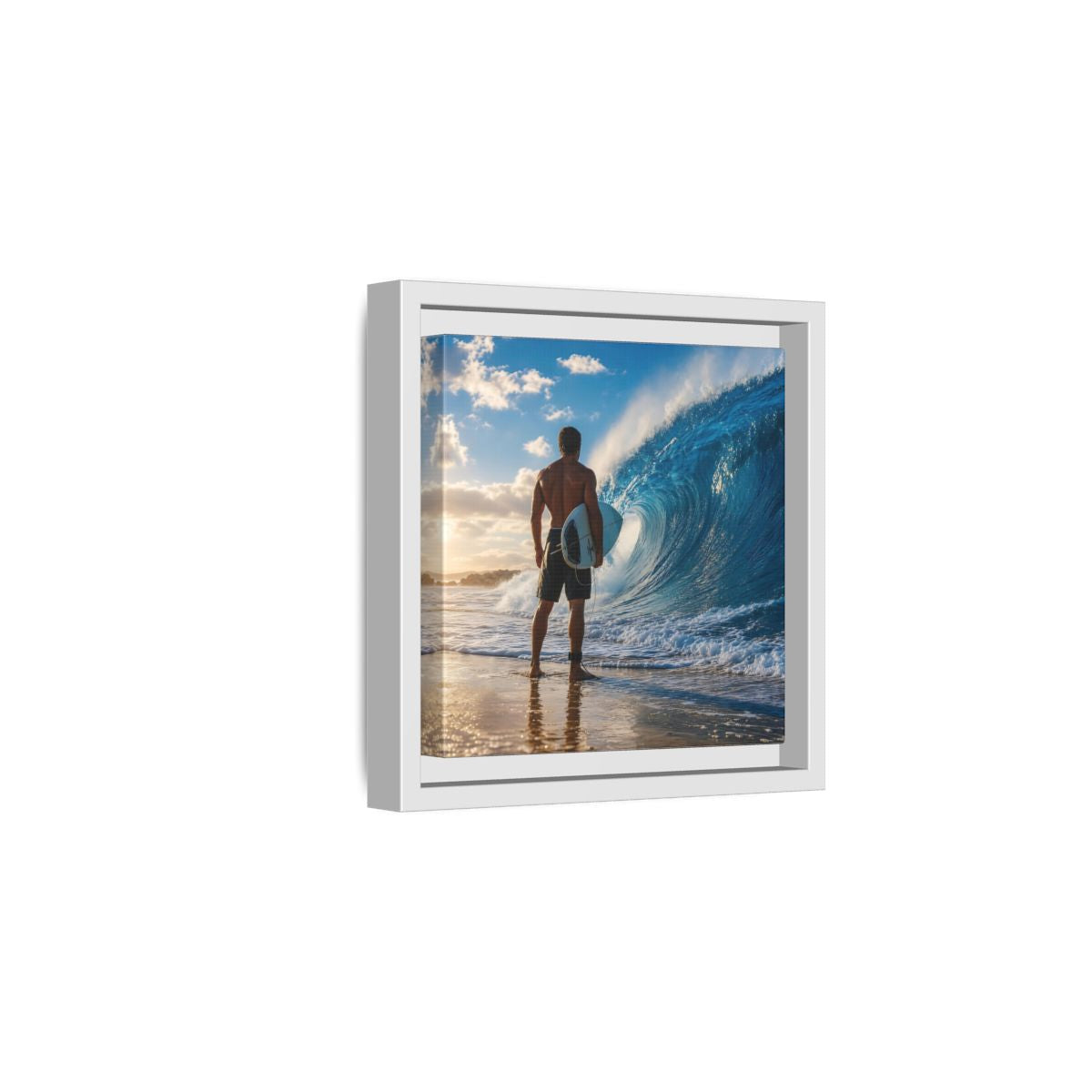 Side Mockup 1. Sunset Wave Surfer shown as framed canvas print