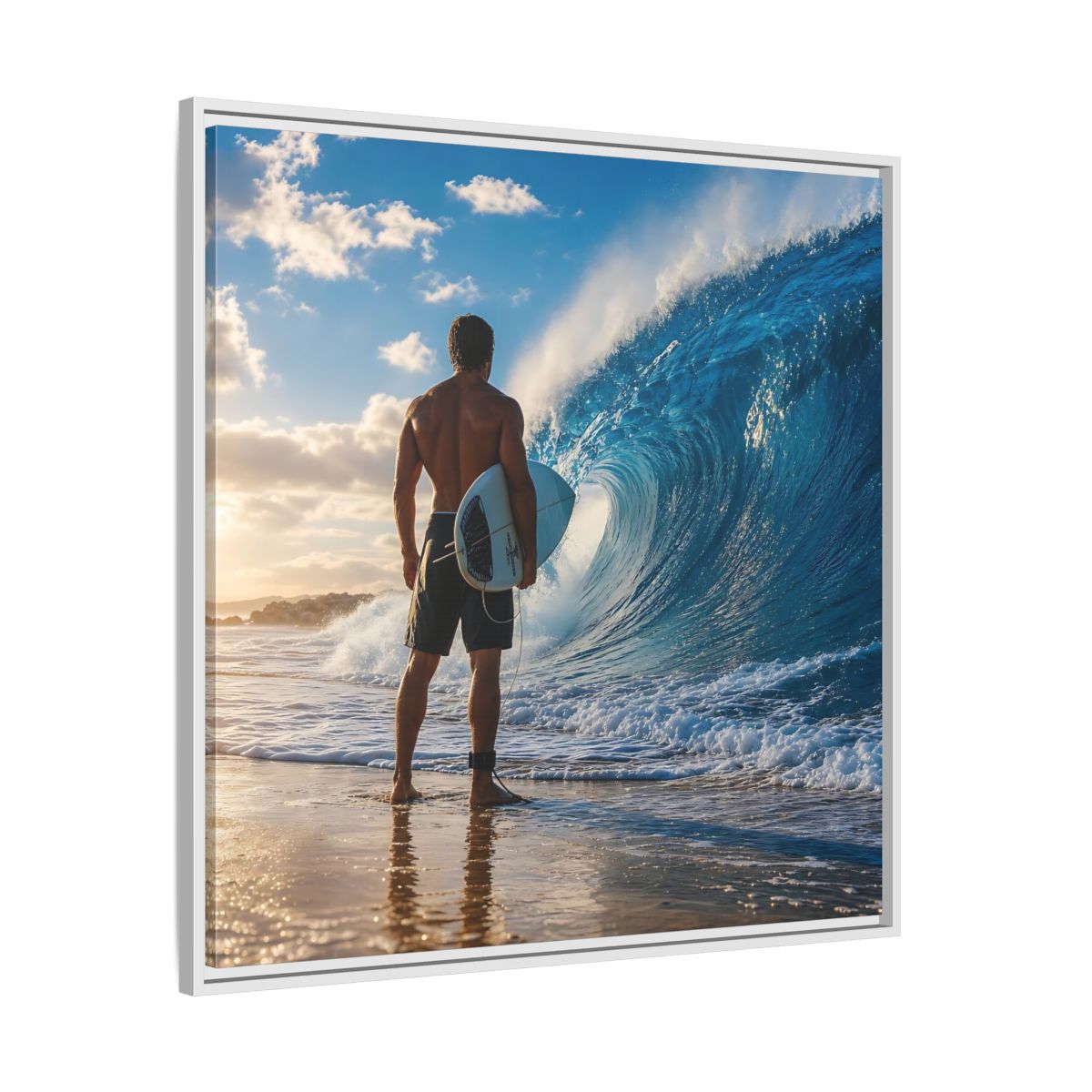Side Mockup 25. Sunset Wave Surfer shown as framed canvas print